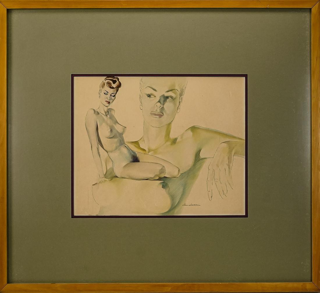 Jim Jonson (AM 1928-1999) Cheesecake Girl: Jim Jonson (American 1928-1999) Cheesecake girl, ink and watercolor on paper - 16 x 20" 33 x 38" as framed.