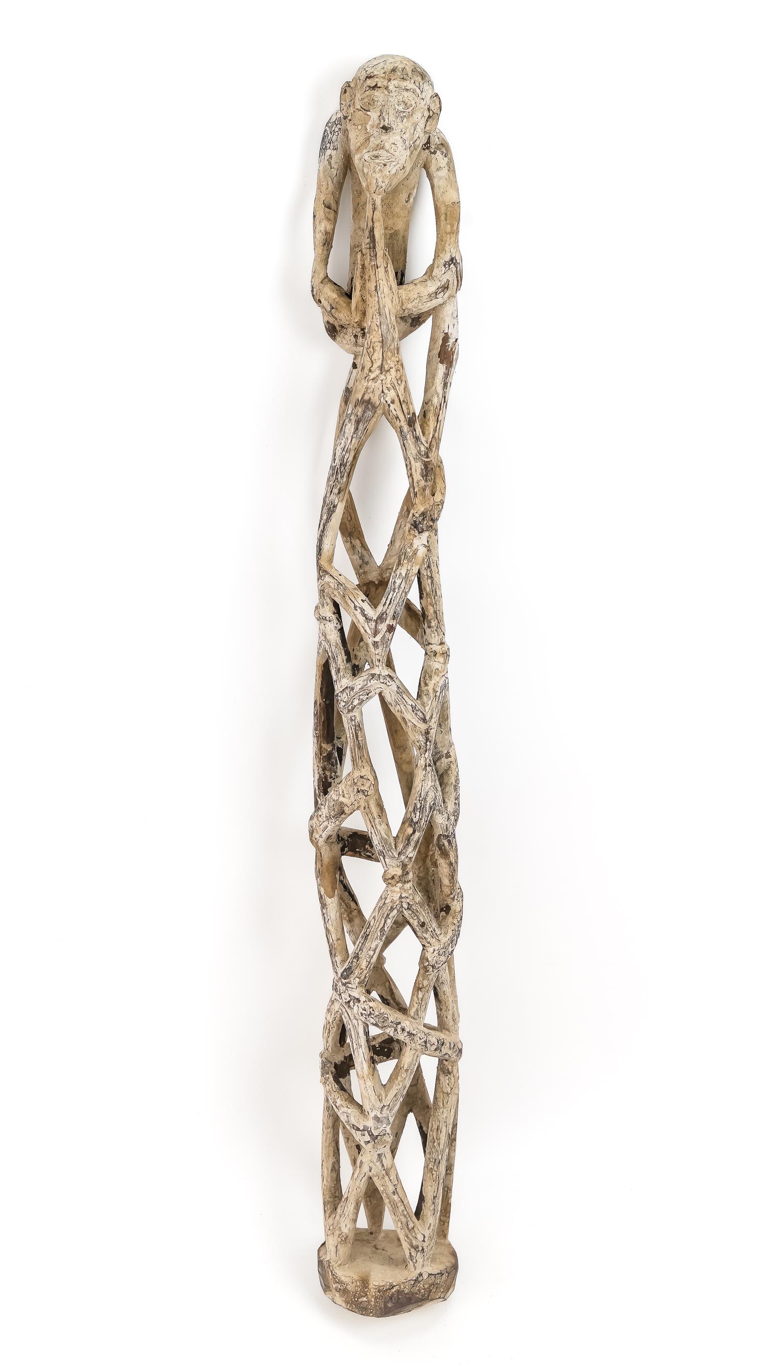 Asmat Carved Folk Art: Fine Asmati carving, seated ancestor figure atop intricate lattice with climbing snake. Worn white clay patina. Collected in 1980s. 34"