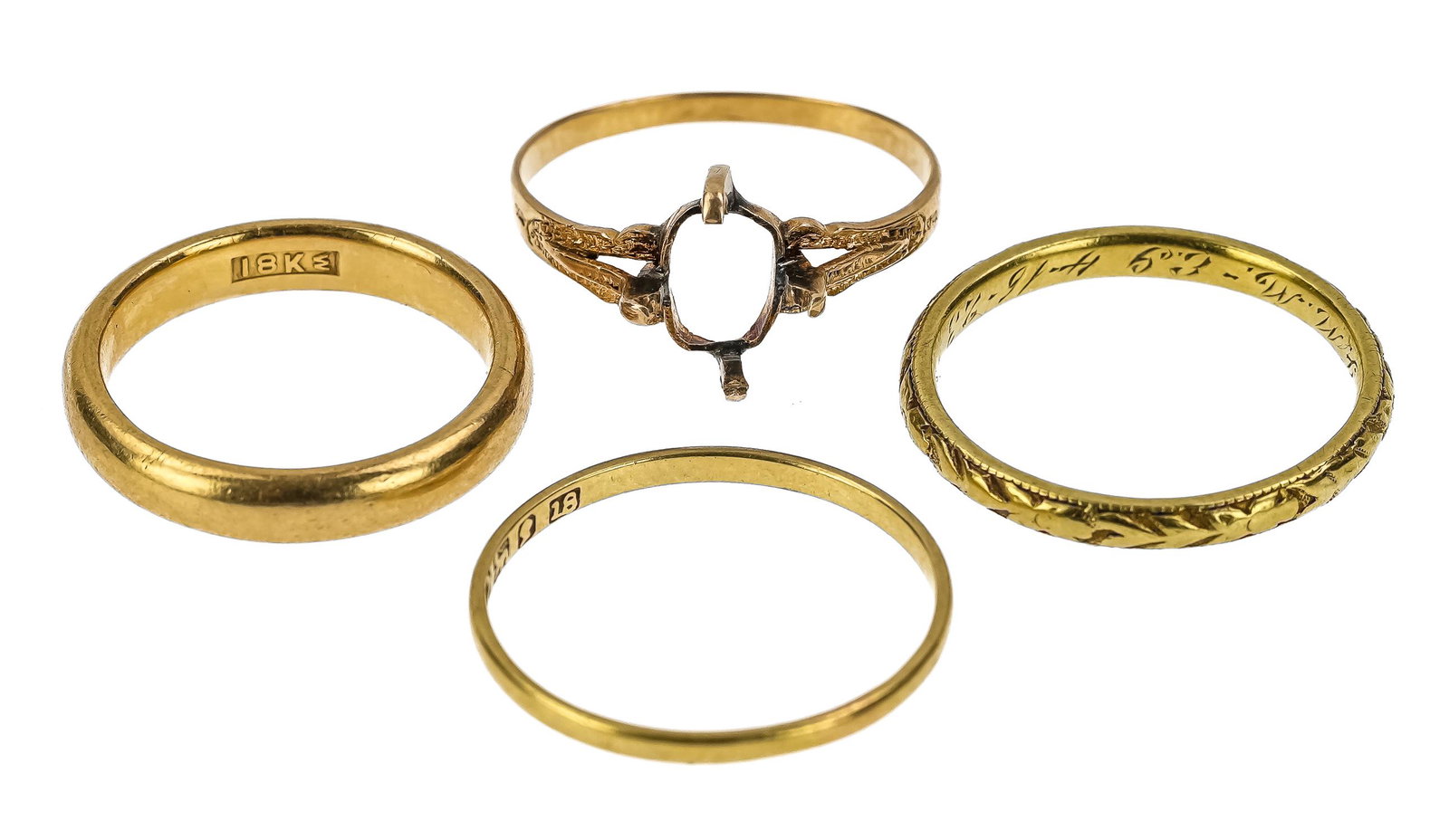 18K Gold Rings: 18k yellow gold rings (4 pcs), 10.5 grams