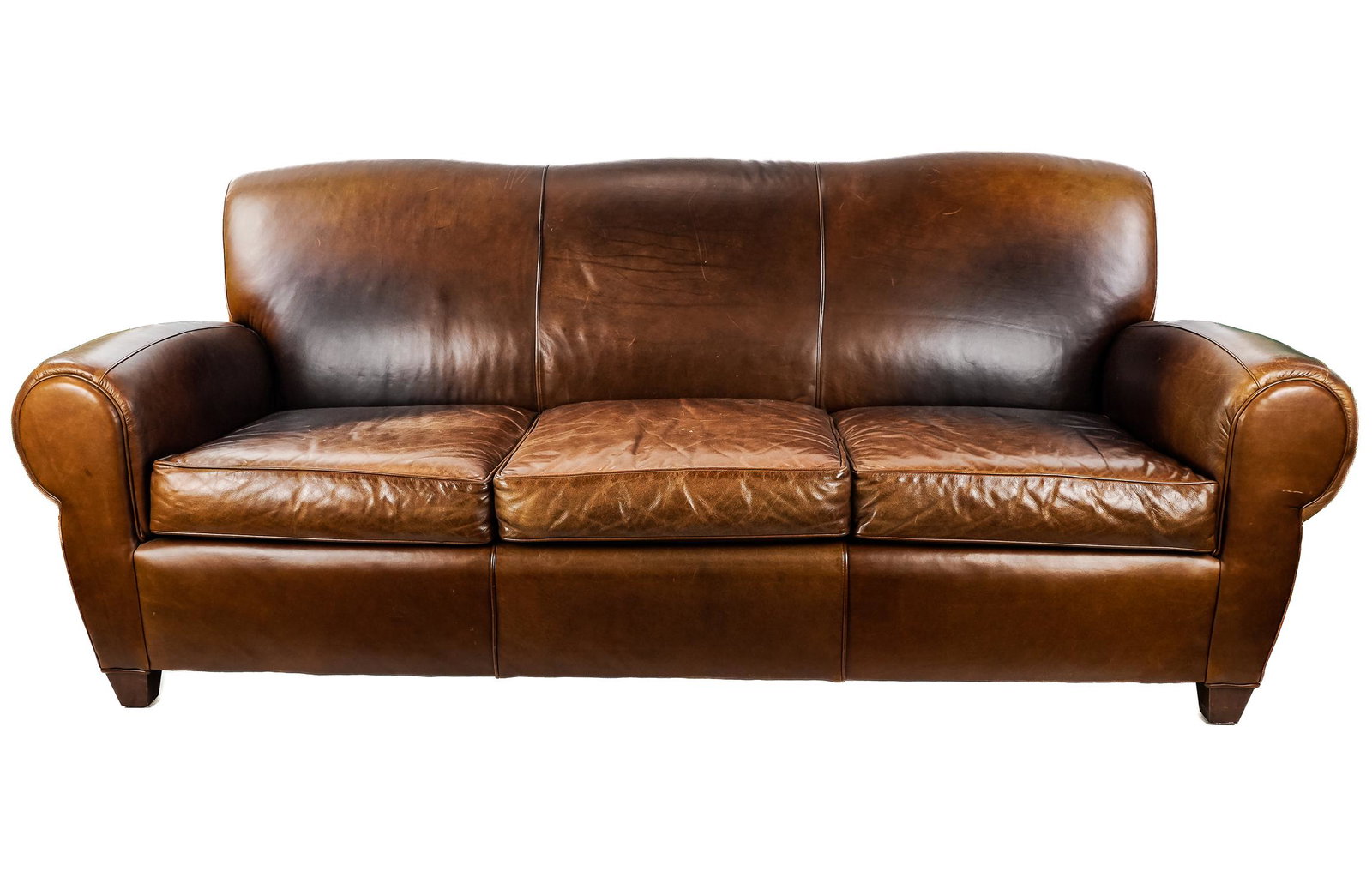 Pottery Barn Brown Leather Sofa: Pottery Barn Brown Leather Sofa, good overall condition, some sun fading. 84 x 34 x 37" 17" to seat.