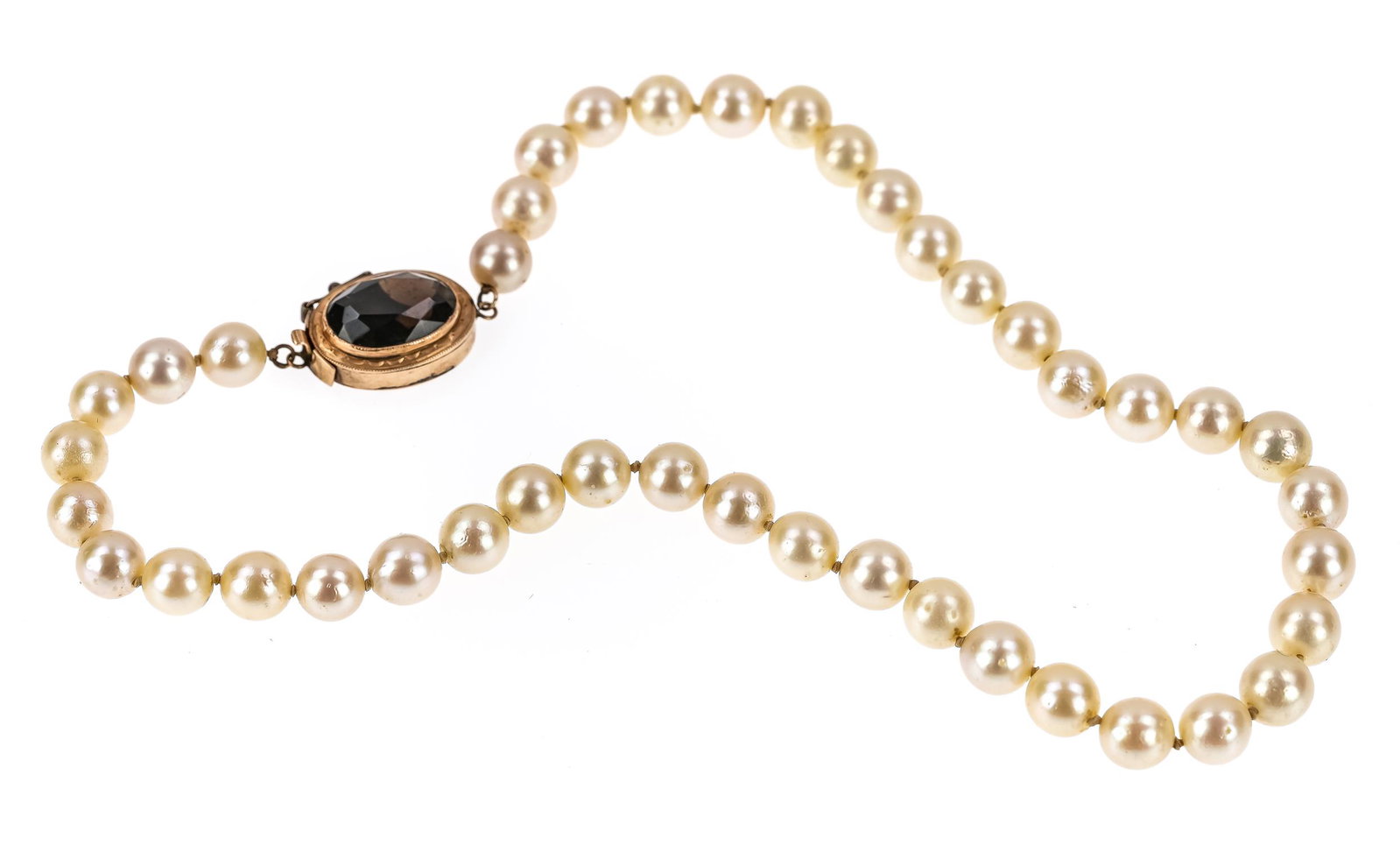 Pearl, Topaz, & 14k Choker: Pearl choker with 7 mm natural pearls. Clasp with oval 14k yellow gold and an oval cut 8mm x 13mm smokey topaz. 14" long.