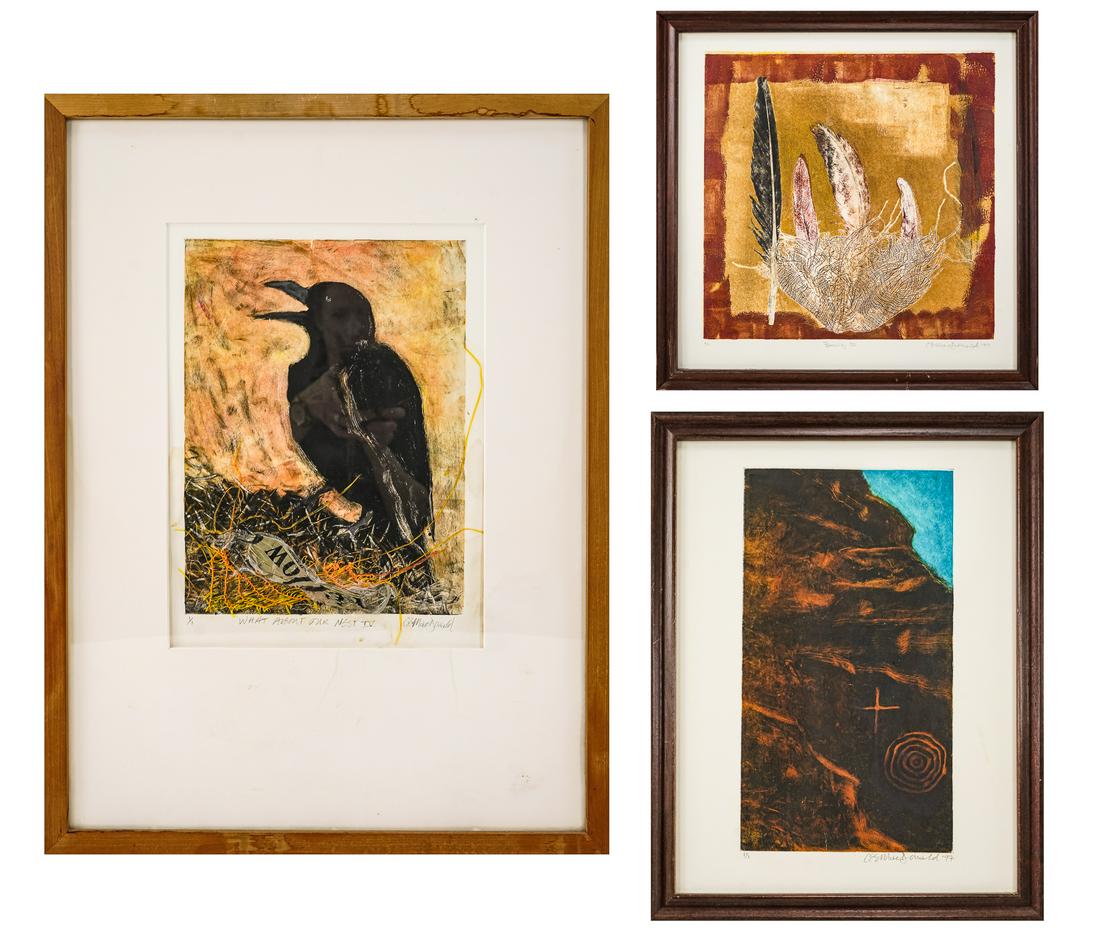 Carol ES MacDonald (VT Contemporary ): Carol E S Macdonald (Vermont Contemporary) Three monoprints,- 11 x 11" - 18 x 24" as framed.