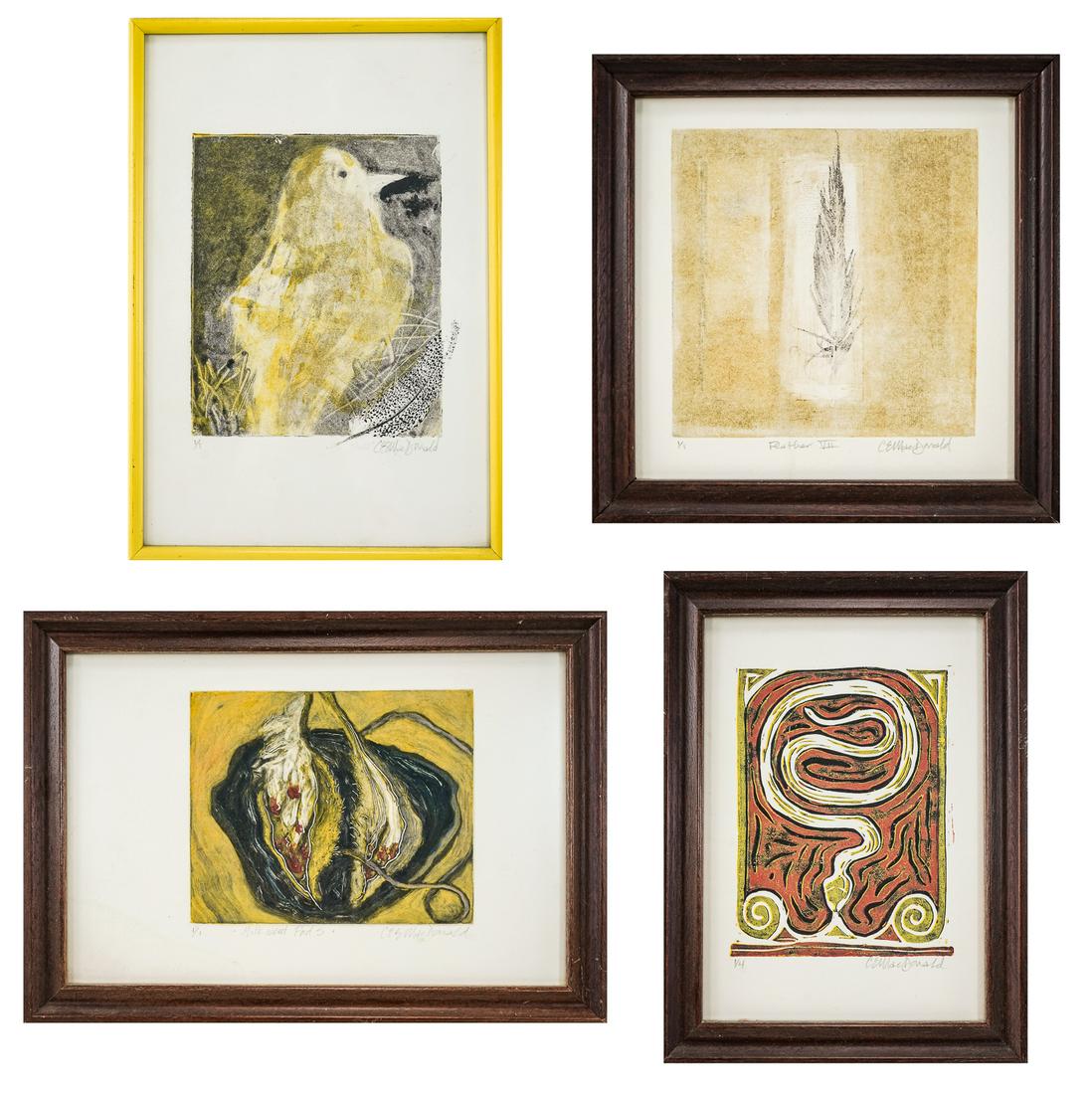 Carol ES MacDonald (VT Contemporary ): Carol E S Macdonald (Vermont Contemporary) Four monoprints,- 9 x 9" - 9 x 12" as framed.