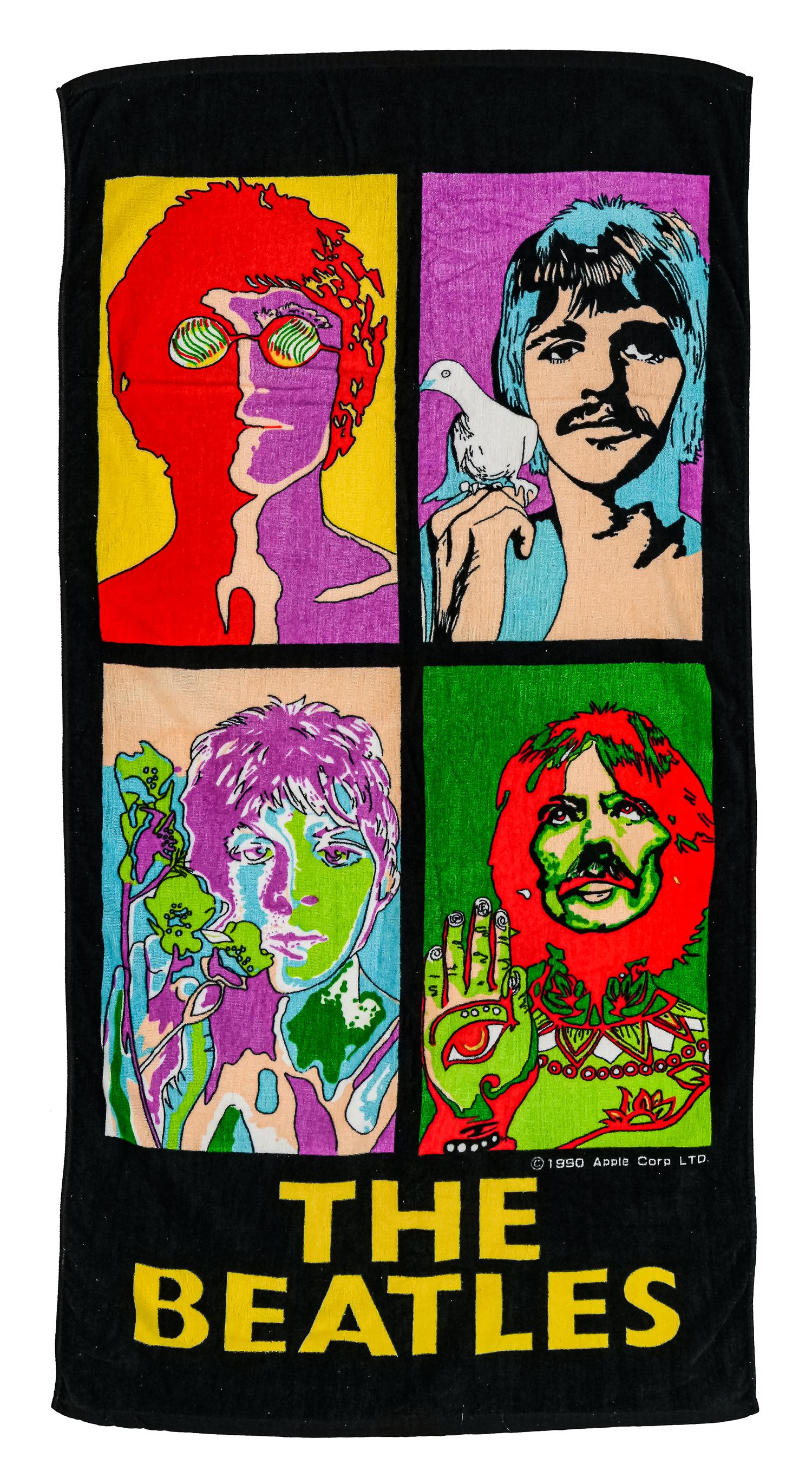 Vintage The Beatles Beach Towel: Vintage 1990 Beatles beach towel, psychedelic images, Apple Corp, made by Jay Franco, 100% cotton, 30" x 57"
