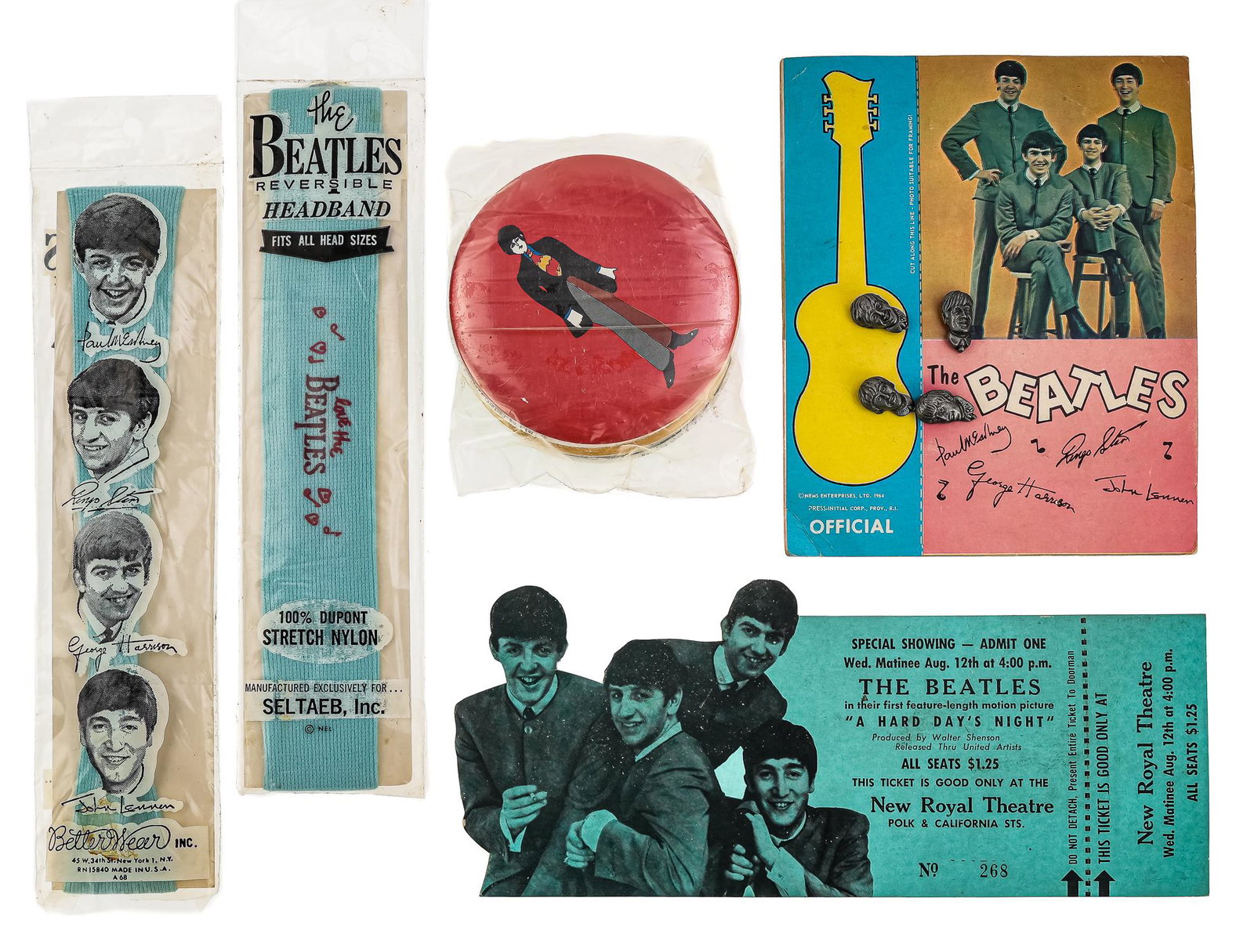 Vintage Beatles Headbands, Buttons, Ticket: Vintage Beatles collectibles, including 2 NOS Beatles reversible headbands, NOS Beatles lapel pins on original board stock, Beatles "A Hard Day's Night" souvenir ticket, NOS set of 4 Beatles "Yellow S