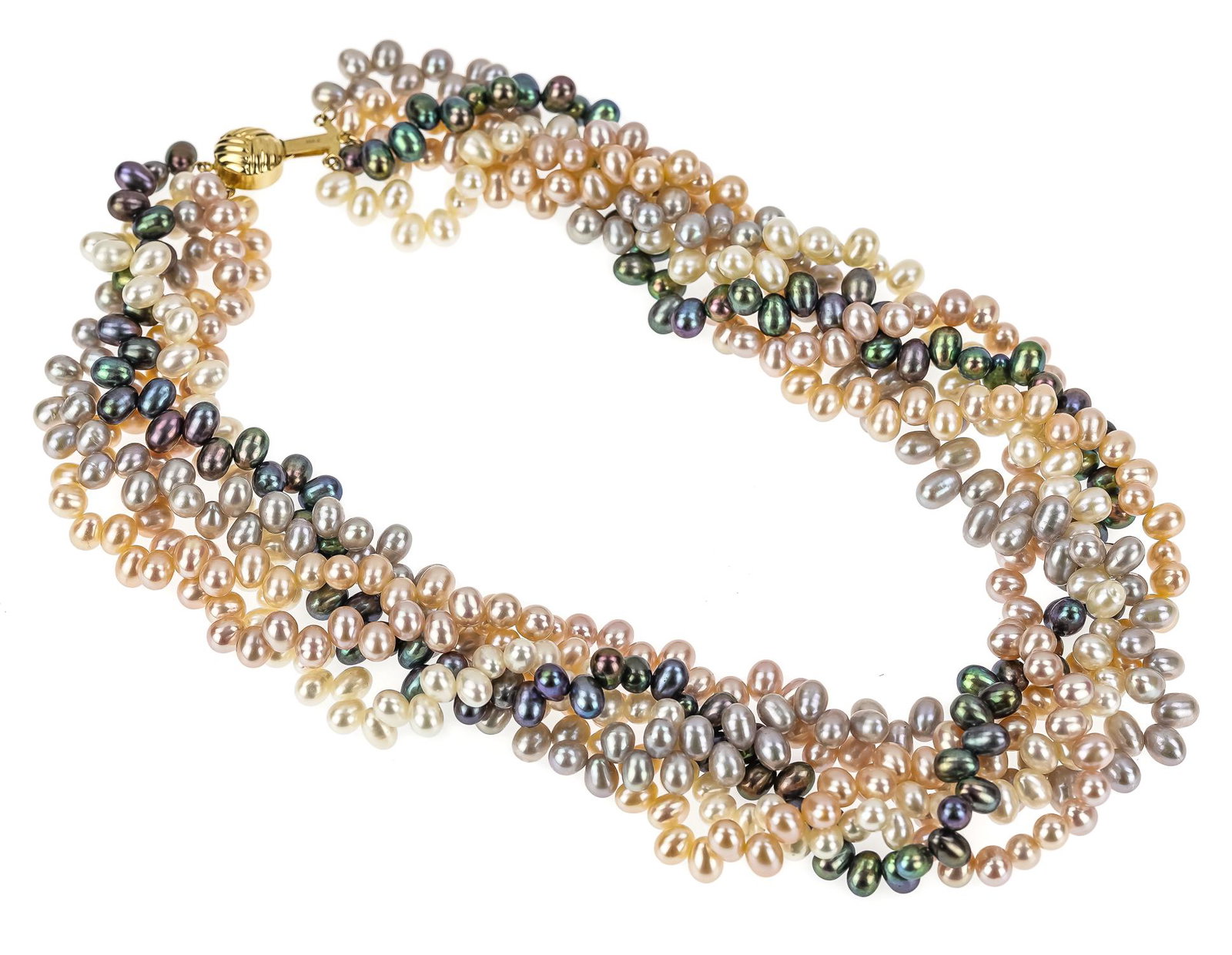 14k & Multi-Color Pearl Cluster Choker: Fine 14k yellow gold clasp choker necklace with 5 strains of small multi color pearls. 17 1/2" long. In leather & satin case.