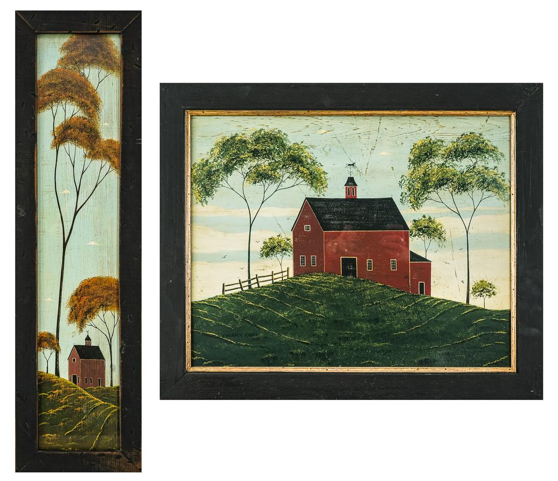 Warren Kimble (VT 1935-) Two offset Lithographs: Warren Kimble (Vermont 1935-) Two offset lithographs of Red barn Facsimile signature in plate one 29 x 8" and one 19 x 23" as framed.