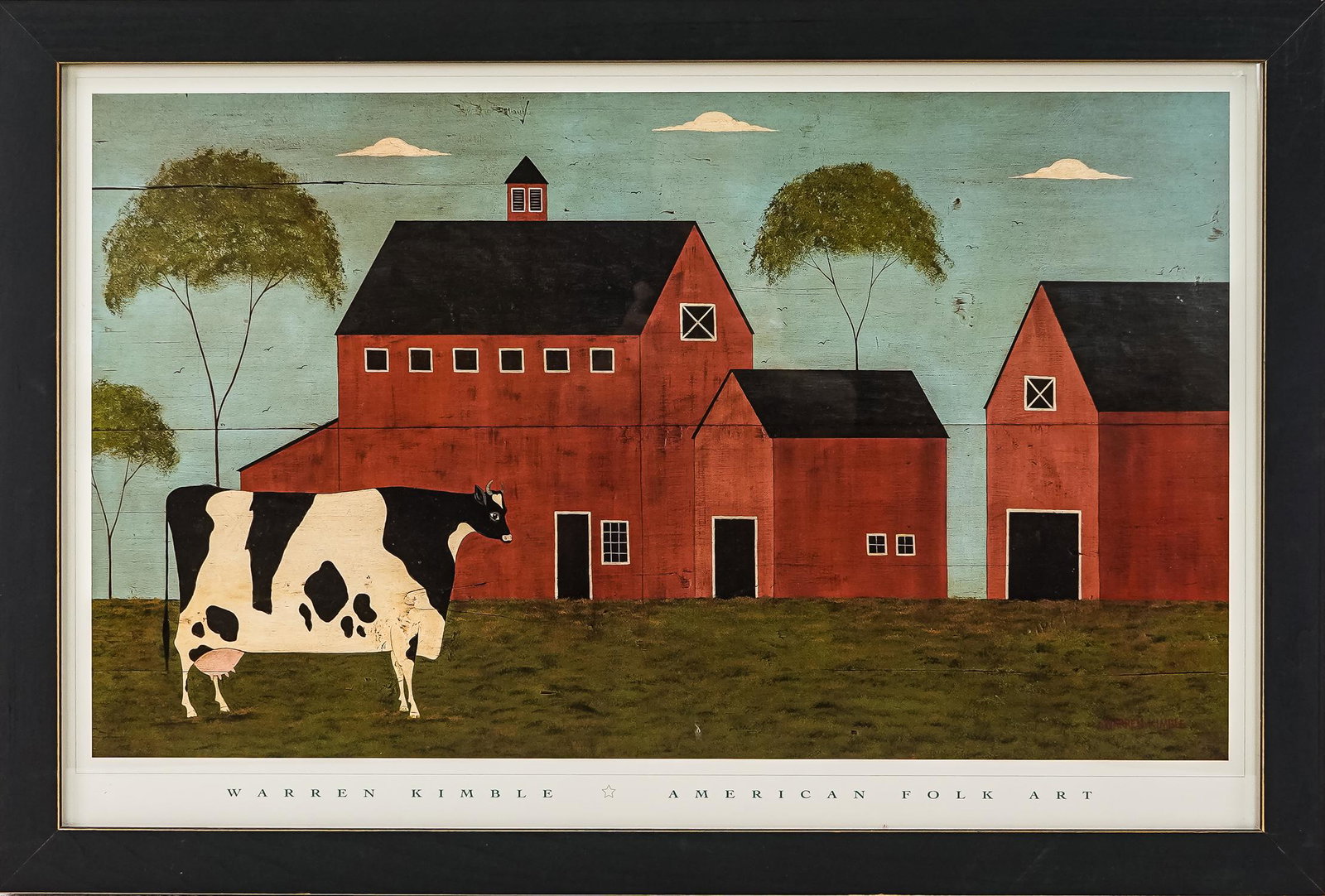 Warren Kimble (VT 1935-)Offset Lithograph: Warren Kimble (Vermont 1935-) Offset lithograph of Red barn Facsimile signature in plate 21 x 31" as framed.