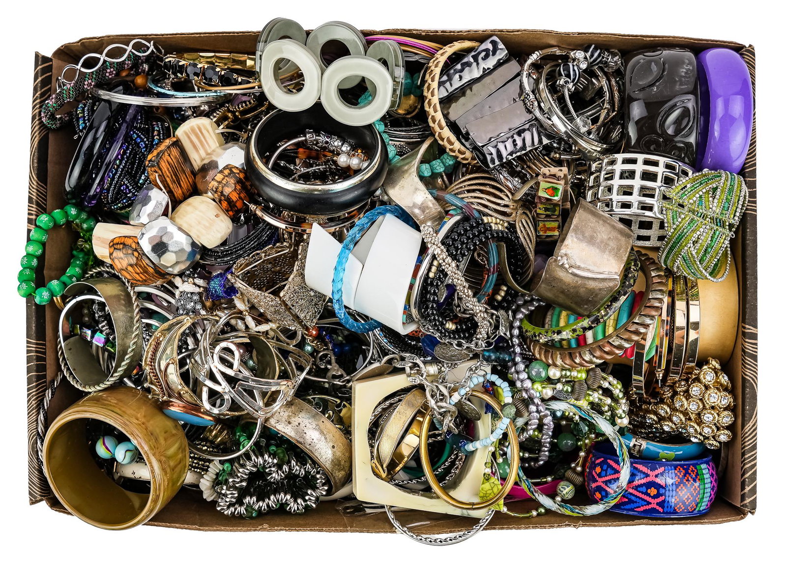 Large Collection of Costume Jewelry Bracelets: Large lot of vintage costume jewelry bracelets including bangles and cuffs, blown glass, beaded, rhinestone, pearl and wood, etc. hundreds of individual pieces