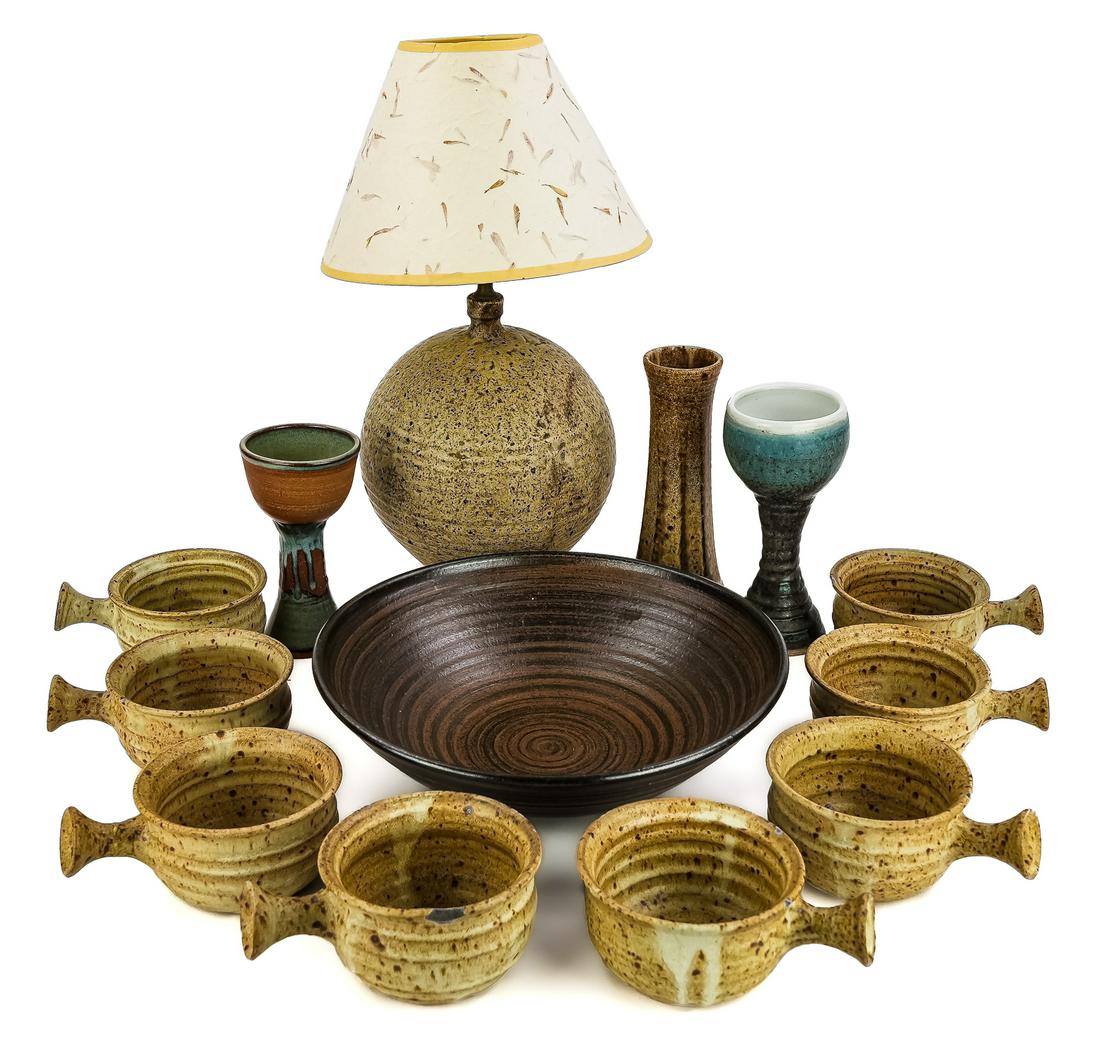Group of Vermont Studio Pottery Incl. Scatchard: Group of Vermont studio pottery including George Scatchard Underhill, VT table lamp, signed ted Scatchard vase, large dark brown Scatchard serving bowl. 8 Scatchard ramekins, and two illeg. goblets -m