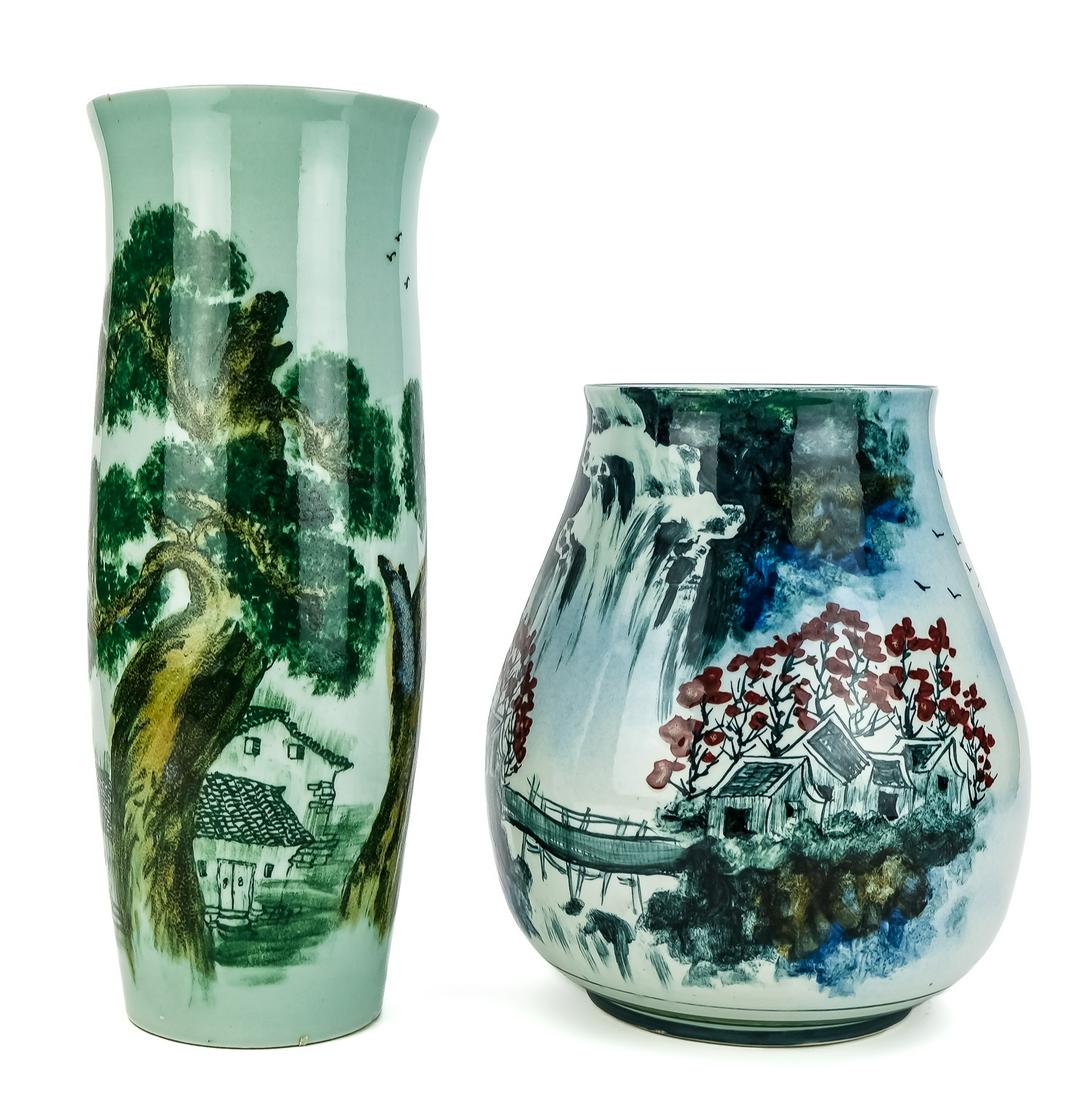 Two Contemporary Chinese Porcelain Vases: Two Contemporary Chinese porcelain vases, both with scenic decoration and text inscriptions ht. 13", 17.5"