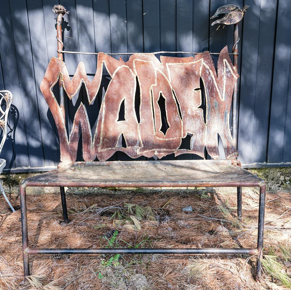 Metalwork Bench Inscribed "Walden": Vermont Outsider Art Metalwork bench signed Walden with decorations of songbirds and roses 51 x 43"