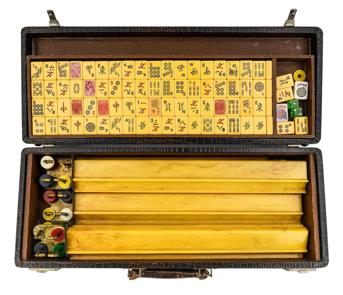 Mahjong Set with Bakelite Tile Trays: Cased Mahjong set with vegetable tiles (1 1/4" x 7/8", and 5 bakelite tile trays, lengths 15 3/4" each