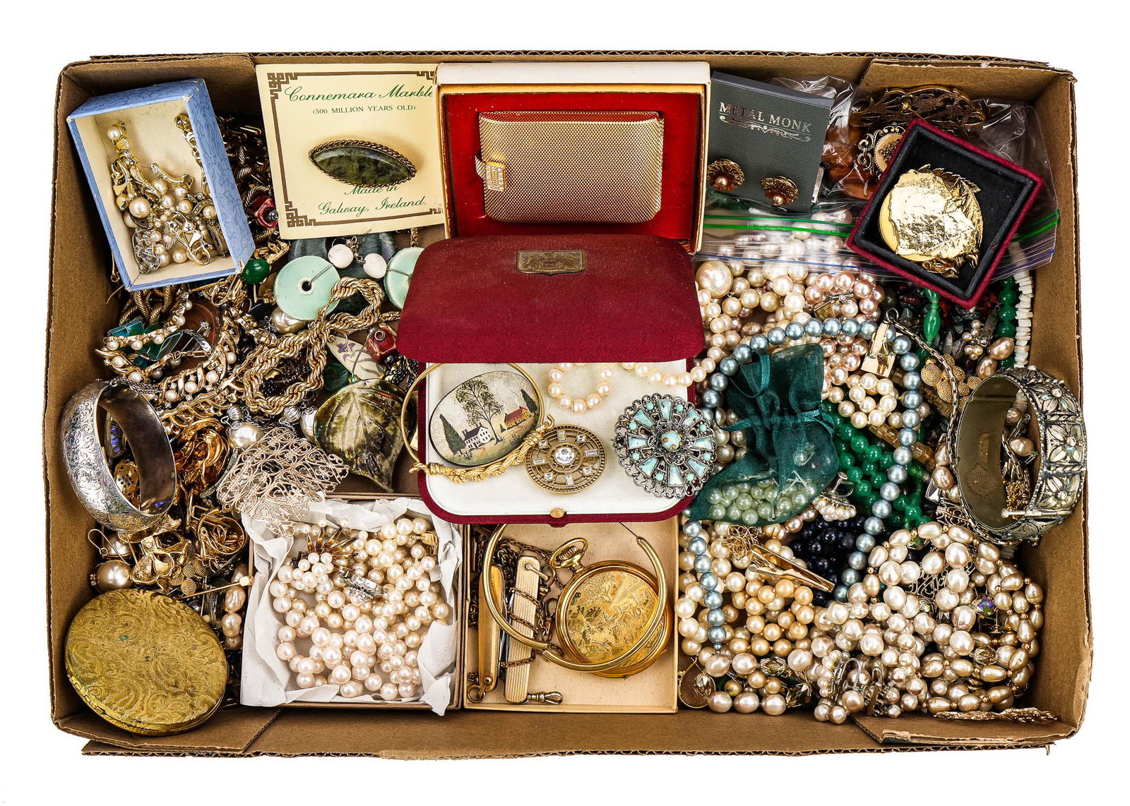 Large Group of Vintage Costume & Jewelry: Fine lot of costume & vintage jewelry including pearl bracelet & necklaces with sterling clasps, sterling bracelets, Victorian watch chains & Masonic g.f pen knife, beads, more.
