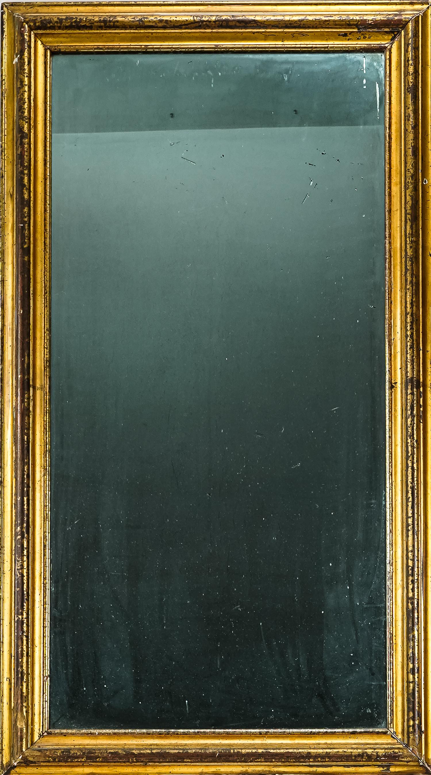 19th c Lemon Gold Hall Mirror: Mid 19th c American lemon gold hall mirror or dressing mirror with original period mirror glass. 25" x 45", age and wear to frame. Bright lemon gold color.