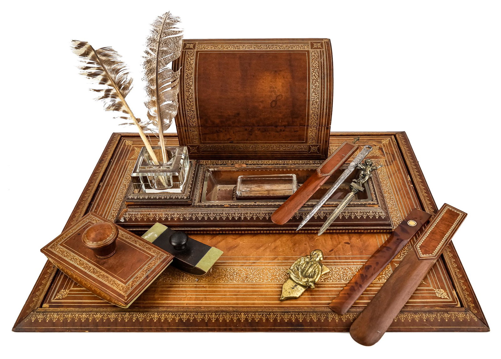 Leather Gilt Desk Set & Accessories: An English early 20th c brown leather gilt tooled 7 piece desk set including desk blotter, covered letter box, 2 letter openers, inkwell & pen tray, and blotter. With other desk items including a Tiff