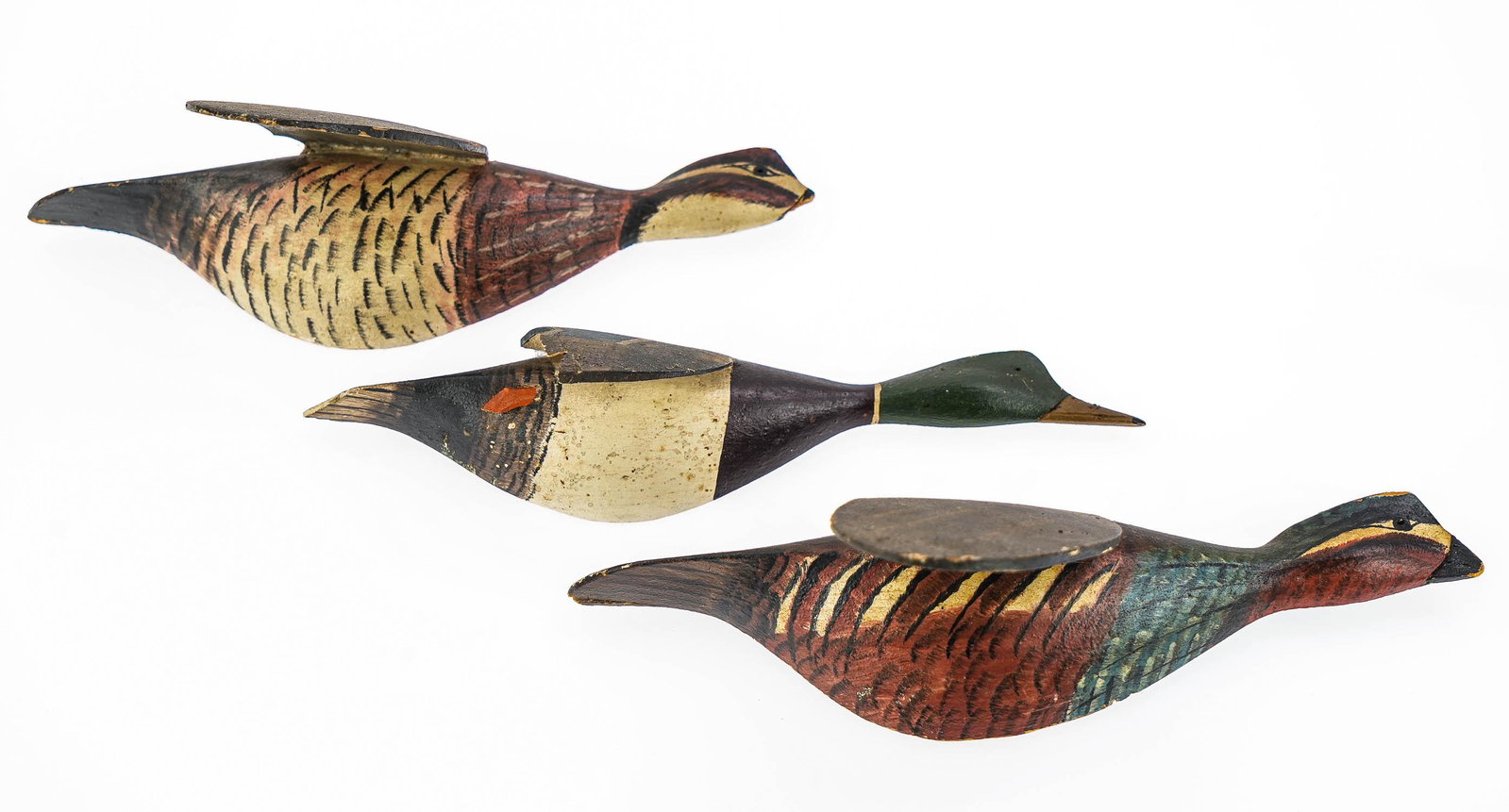Roy Conklin Jr. Signed Miniature Flying Birds: Three Roy Conkin Jr. Signed miniature flying birds. Pair -Bobwhite Quail, Male and Female and Mallard Drake .signed and identified reverse. Minor chips to mallard and one quail, paint losses commensur