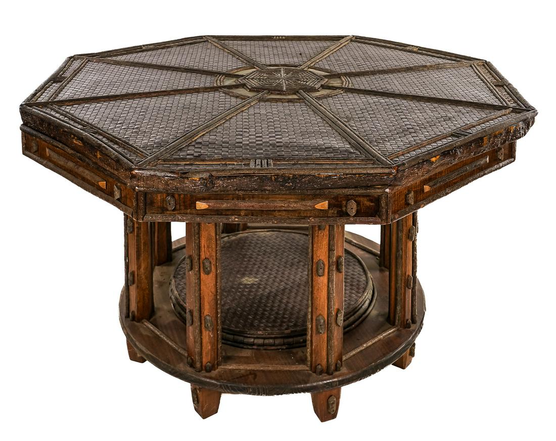 David W Garrett - Charlotte Vermont Adirondack Style Table: David W. Garrett Charlotte Vermont Artisan Made Studio Furniture - Adirondack Style Poker or Octagonal Dining Table, Made from multiple reclaimed hardwoods, with woven leather top and inset 19th centu