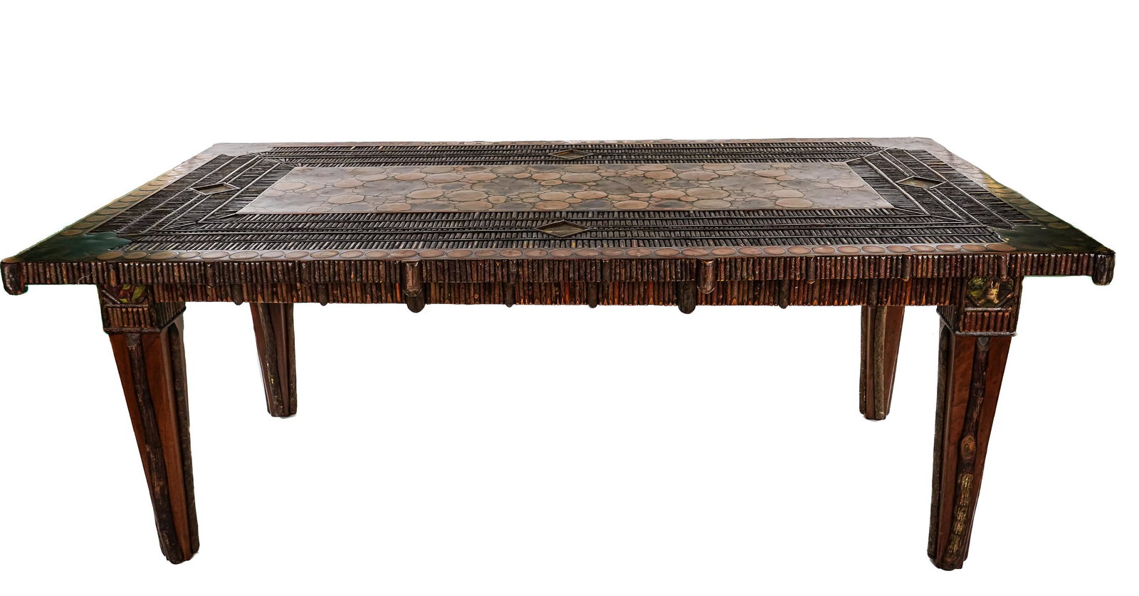 David W Garrett - Charlotte Vermont Adirondack Style Dining Table: David W. Garrett Charlotte Vermont Artisan Made Studio Furniture - Adirondack Style Dining Table with multiple hardwood cross sections inlaid into epoxy resin, with inset 19th c scenic oil on canvas l