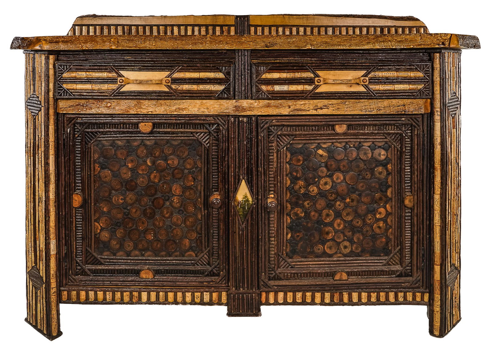 David W Garrett - Charlotte Vermont Adirondack Style Sideboard: David W. Garrett Charlotte Vermont Artisan Made Studio Furniture - Adirondack Style Sideboard or Buffet Featuring Slab Maple top with inset wine corks and decorative multi hardwood designs. 46 x 64 x 