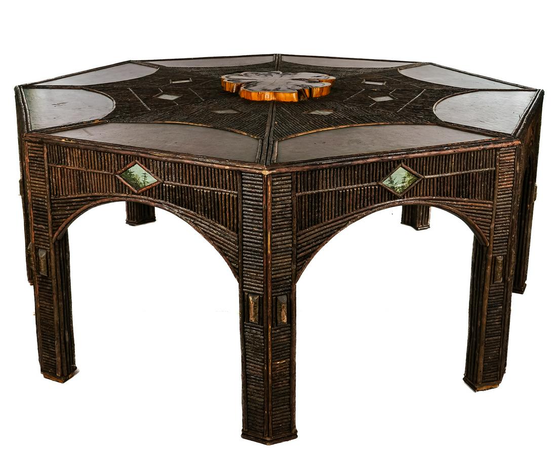 David W Garrett - Charlotte Vermont Adirondack Style Table: David W. Garrett Charlotte Vermont Artisan Made Studio Furniture - Adirondack Style Two Part rustic Center Table With Leather Top and applied hickory embellishments. 31" x 78" Diameter