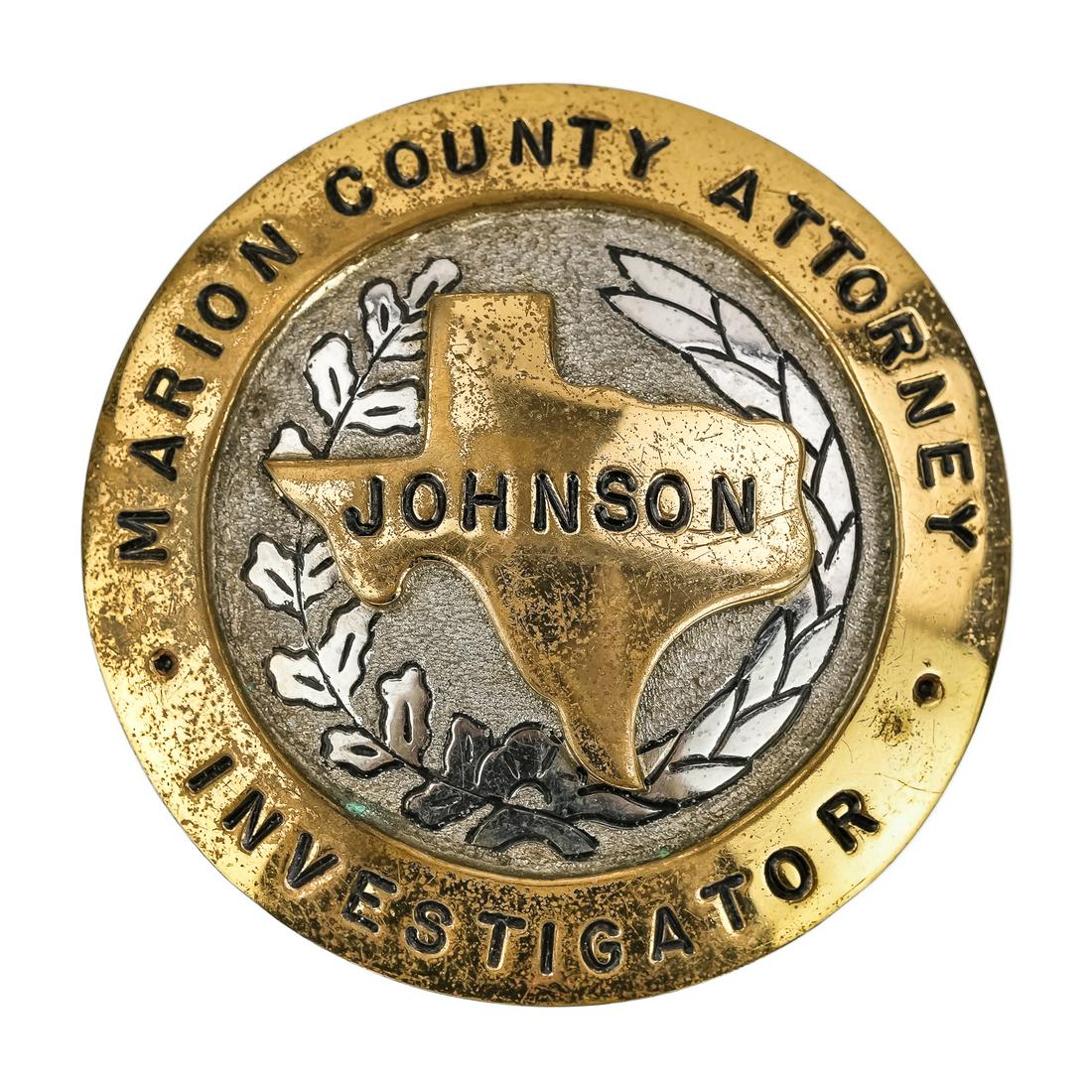 Obsolete Marion County Attorney Investigator Badge: Marion County (TX) Attorney Investigator obsolete badge with history- worn by Bobby Wayne Johnson, made in 1995 by inmate John Williams- Eastham Unit-Trades, Lovelady, TX