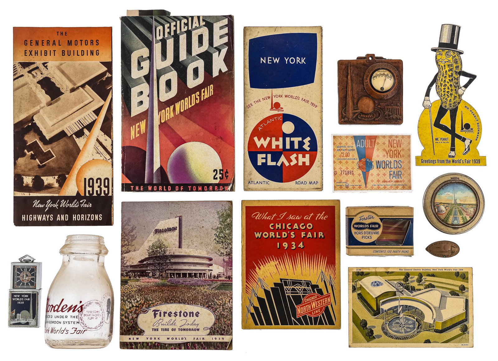 Group of 1939 World's Fair Collectibles: Group of interesting 1939 New York World's Fair collectibles including scarce Borden's Walker-Gordon System two-color pyro half pint milk bottle, enameled travel watch, celluloid compact, thermometer,