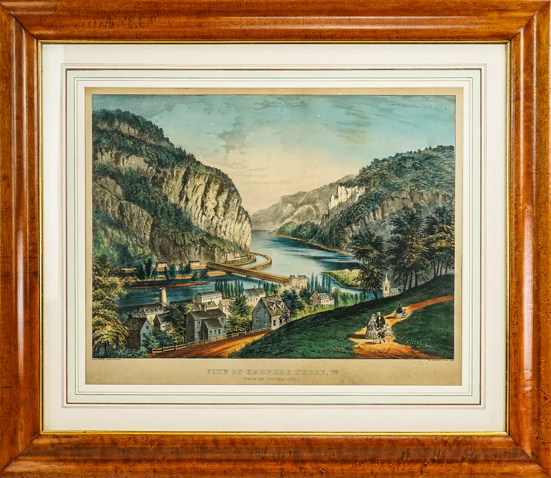 Currier and Ives - Harper's Ferry VA: Currier and Ives Large folio lithograph of Harper's Ferry VA From the Potomac Side- Plate 15 x 20" 27 x 31" as framed. Overall nice bright condition.