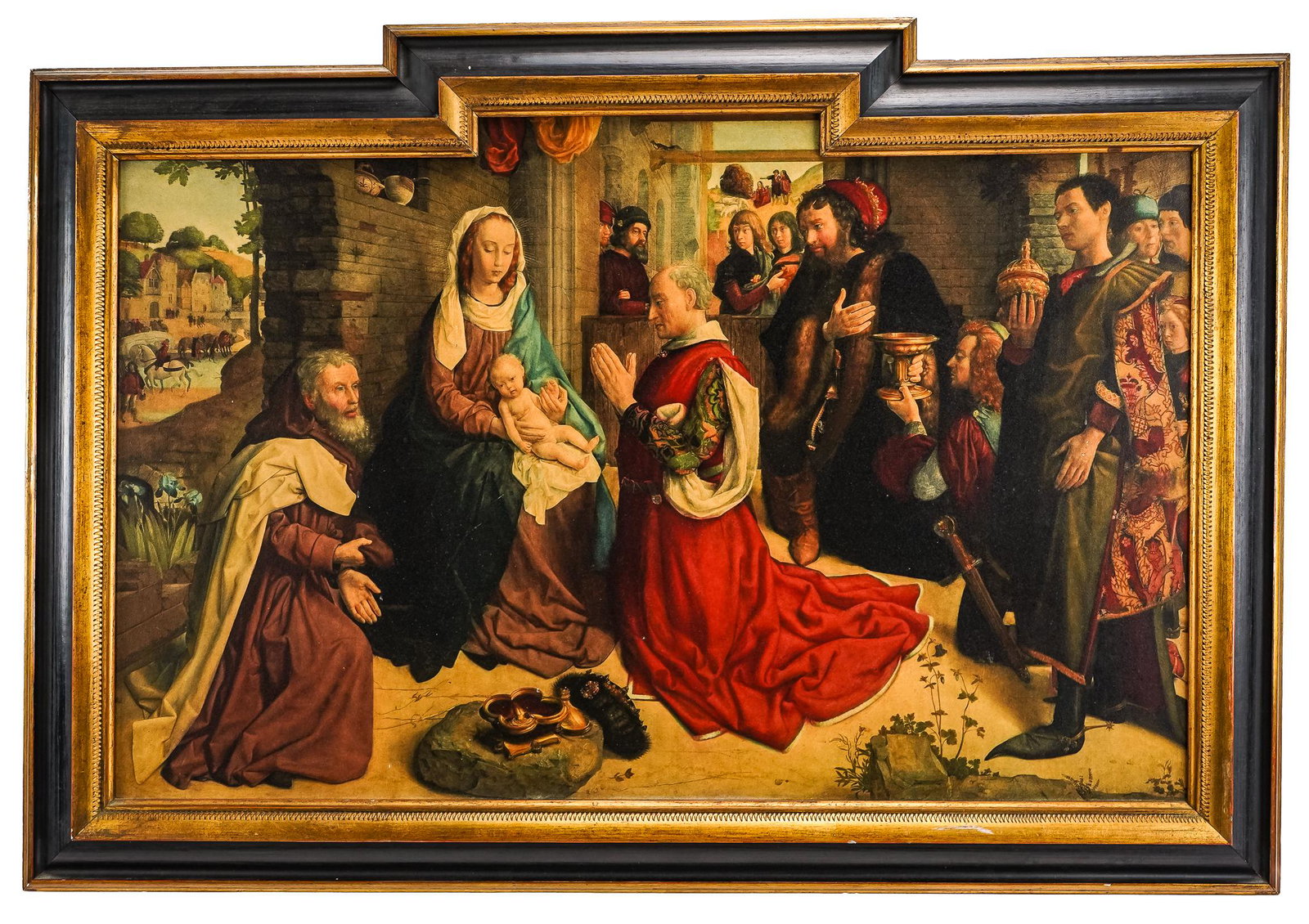 After Hugo Van Der Goes (FL 1430-1482): After Hugo Van Der Goes (Flemish 1430-1482) Adoration of the Magi (Monforte Altarpiece) hand colored lithograph on paper backed on board Amsler and Ruthardt Berlin label reverse. 17x 26" 21 x 31 as fr