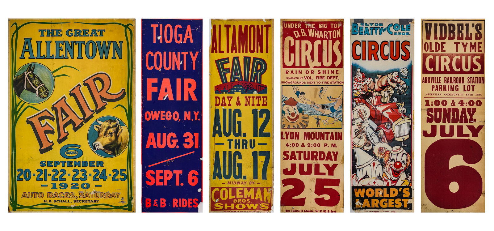 ca. 1950 Allentown, PA Fair Broadside: Vintage ca. 1950 "The Great Allentown Fair" Allentown, Pennsylvania broadside featuring draft horses, oxen pulls and livestock, and auto races, laid unto later masonite panel, some tears and damage 41