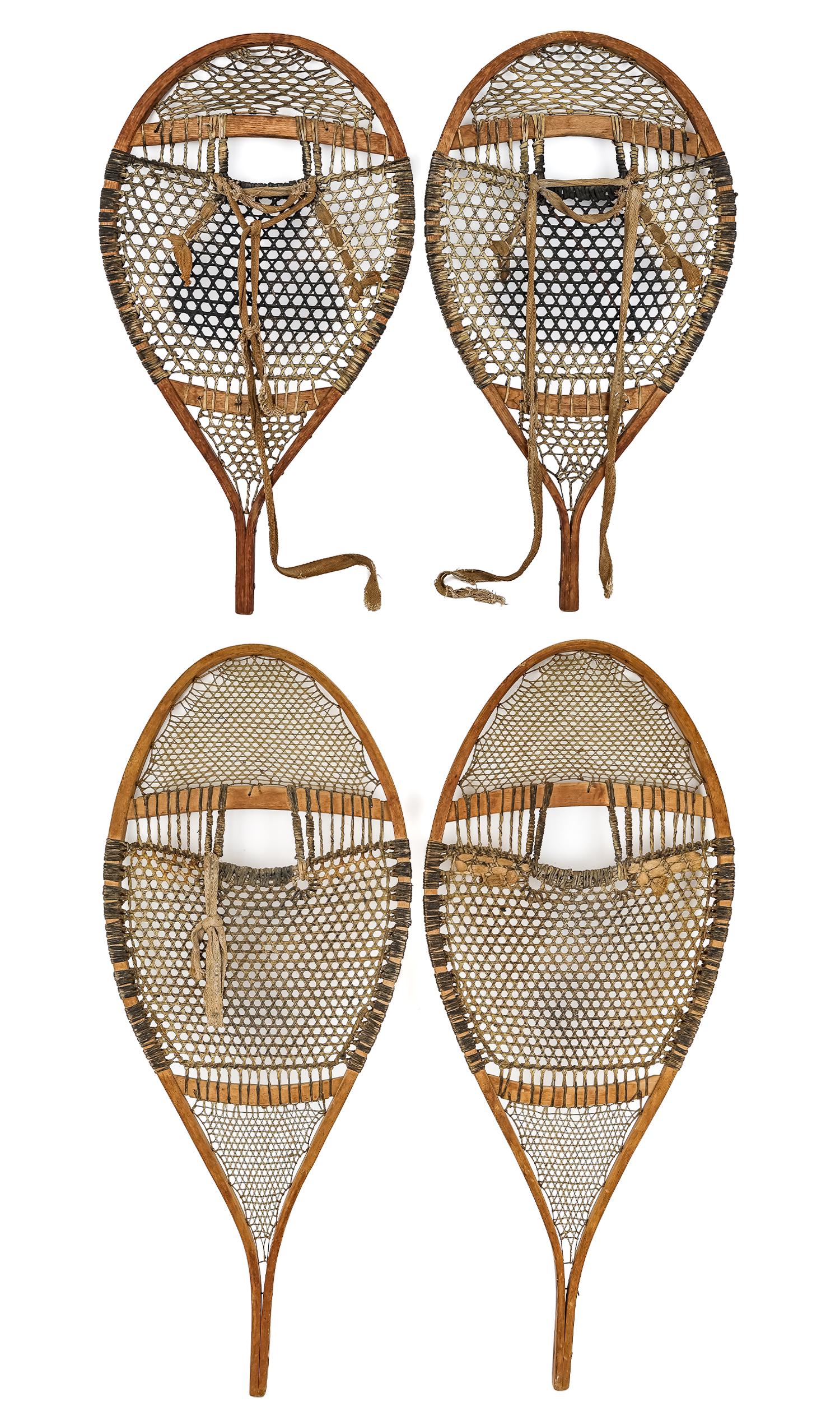 Early 20th c Montagnais Swallowtail Snowshoes: Early 20th c Montagnais swallowtail snowshoes (2 pair), Northern Quebec, Canada, with typical arched stretchers, one with caribou and moose sinew webbing, very good condition, the other with moose web