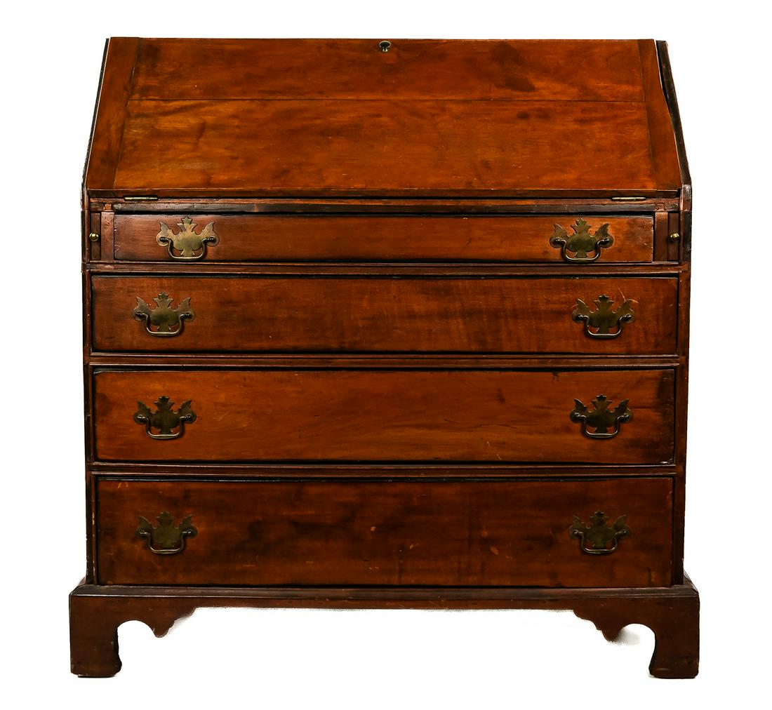 19th c Chippendale Walnut drop front desk: 19th c Chippendale birch drop front desk, refinished with later hardware, minor losses. 40 x 38 x 18"