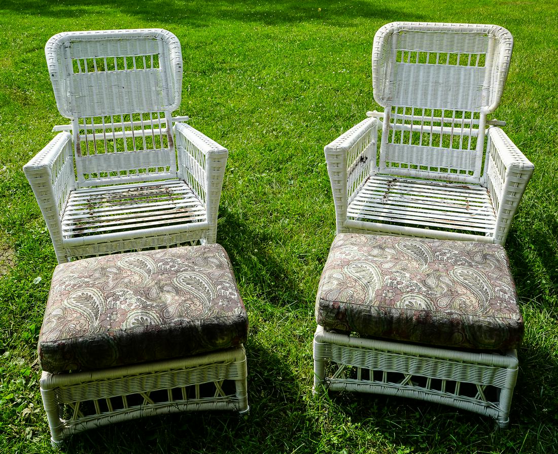 Pr. of Lane Venture Vinyl Wicker Morris Chairs: Pair of Lane Venture high-end contemporary vinyl wicker adjustable patio lounge or morris chairs with matching ottomans 37" x 38" x 32" -cushions missing, some soiling