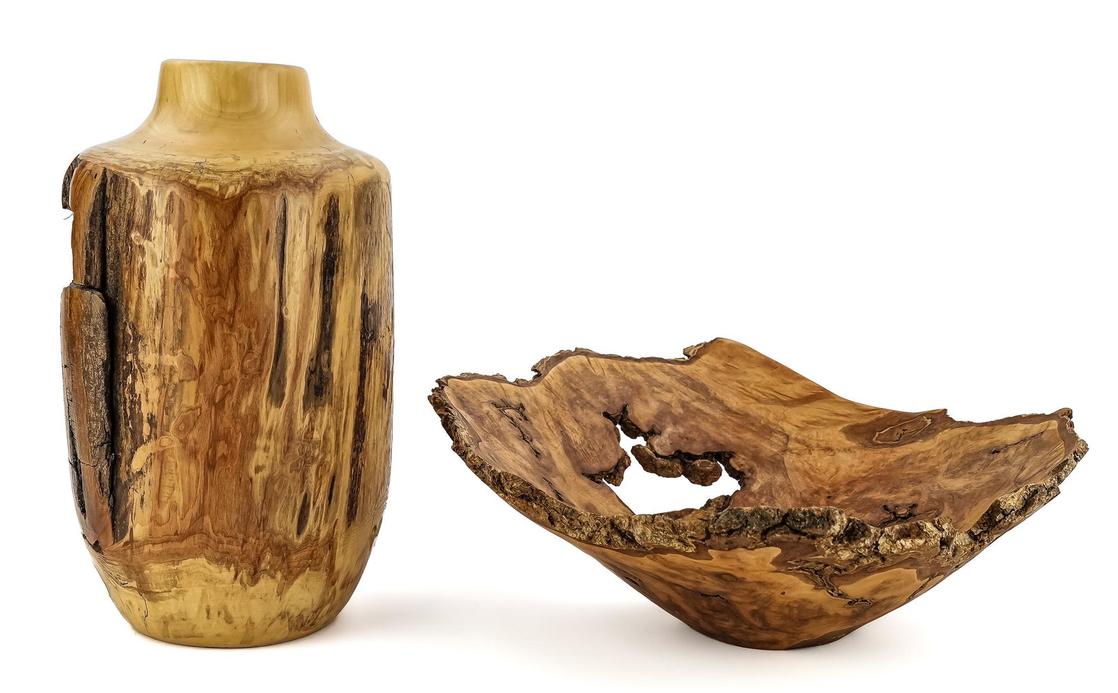 Two Turned Wood Vessels: Two turned wood fine arts vessels, a maple bowl signed KG 13" Diameter 5" high and a turned softwood vase signed BEN 6" diameter 11" high.