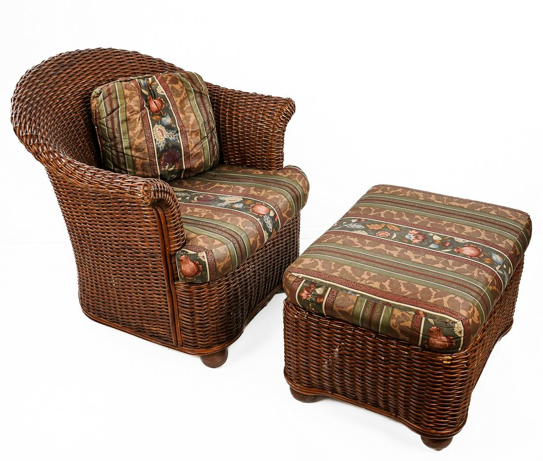 Palecek Wicker Lounge chair and ottoman: Palecek Wicker Lounge Chair and ottoman in overall good condition chair 32 x 32 x 24" ottoman 20 x 26 x 17"