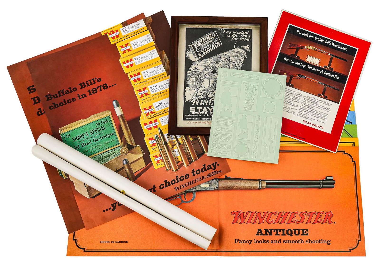 Vintage Winchester Advertising: Advertising and media for the Winchester Repeating Arms Co., including framed 1929 advertisement for Winchester Staynless Ammunition, signed by the artist John Noga, along with unused dealer advertisi
