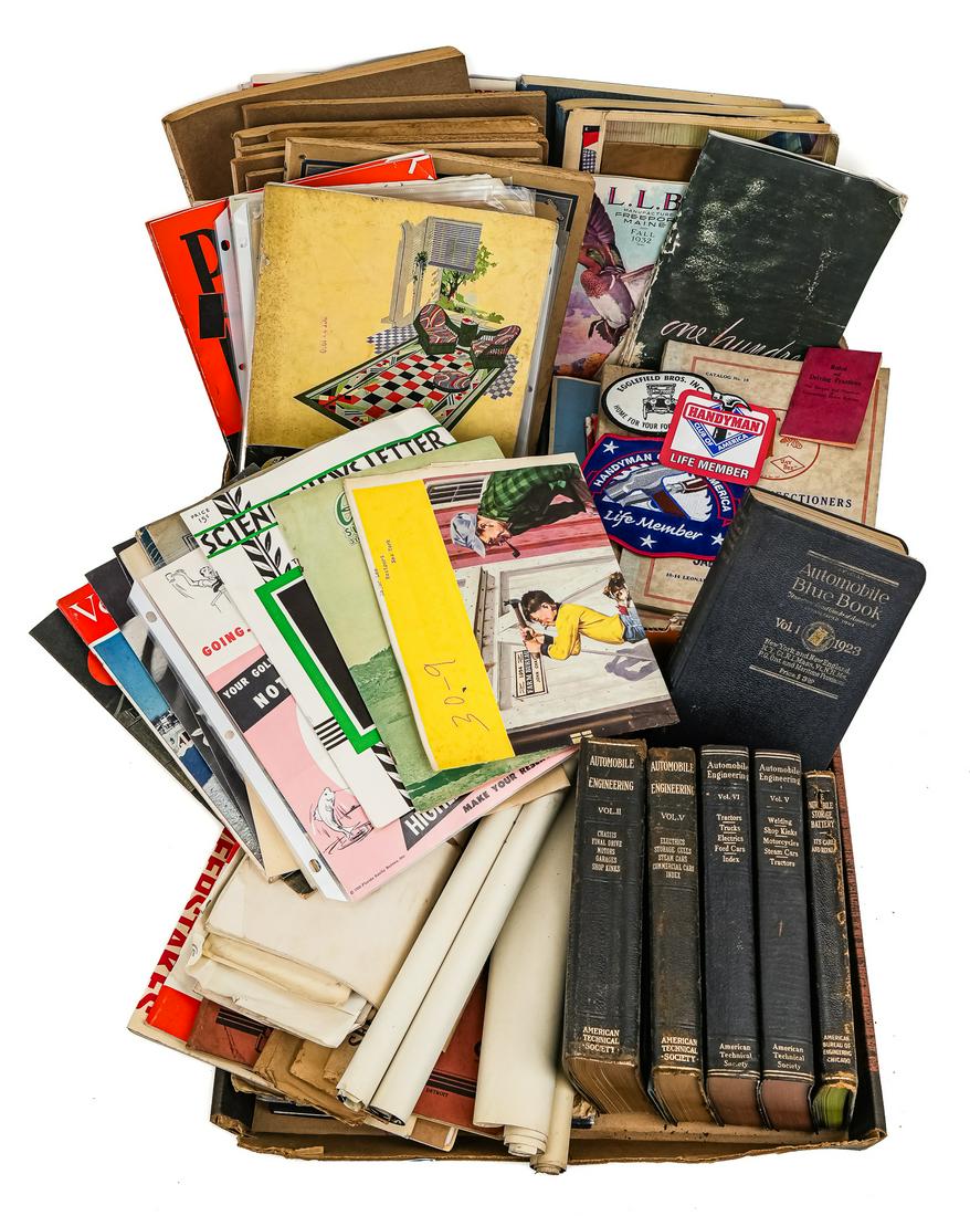 Automotive & Agricultural Catalogues, Manuals, Ephemera: Group of vintage catalogues and technical manuals, relating to automobile mechanics, farm implements, radio. Includes Parts Pups mechanics magazines, General Electric Catalogues, farming and sporting