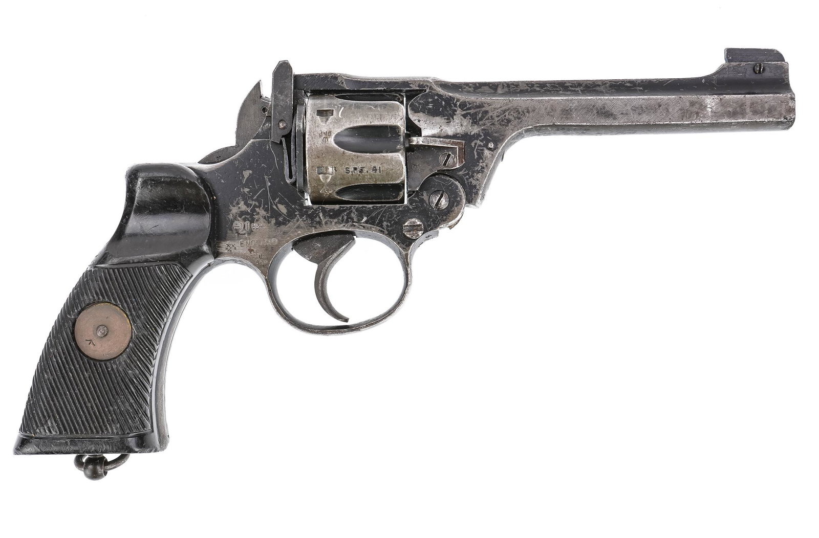 Webley Mark I Revolver in .38: Webley Mark I Revolver in .38 S&W, Break action, with extractor, spurless double action. Modest wear commensurate with age. - THIS FIREARM REQUIRES A 4473 BACKGROUND CHECK OR FFL/C&R TRANSFER. PLEASE 