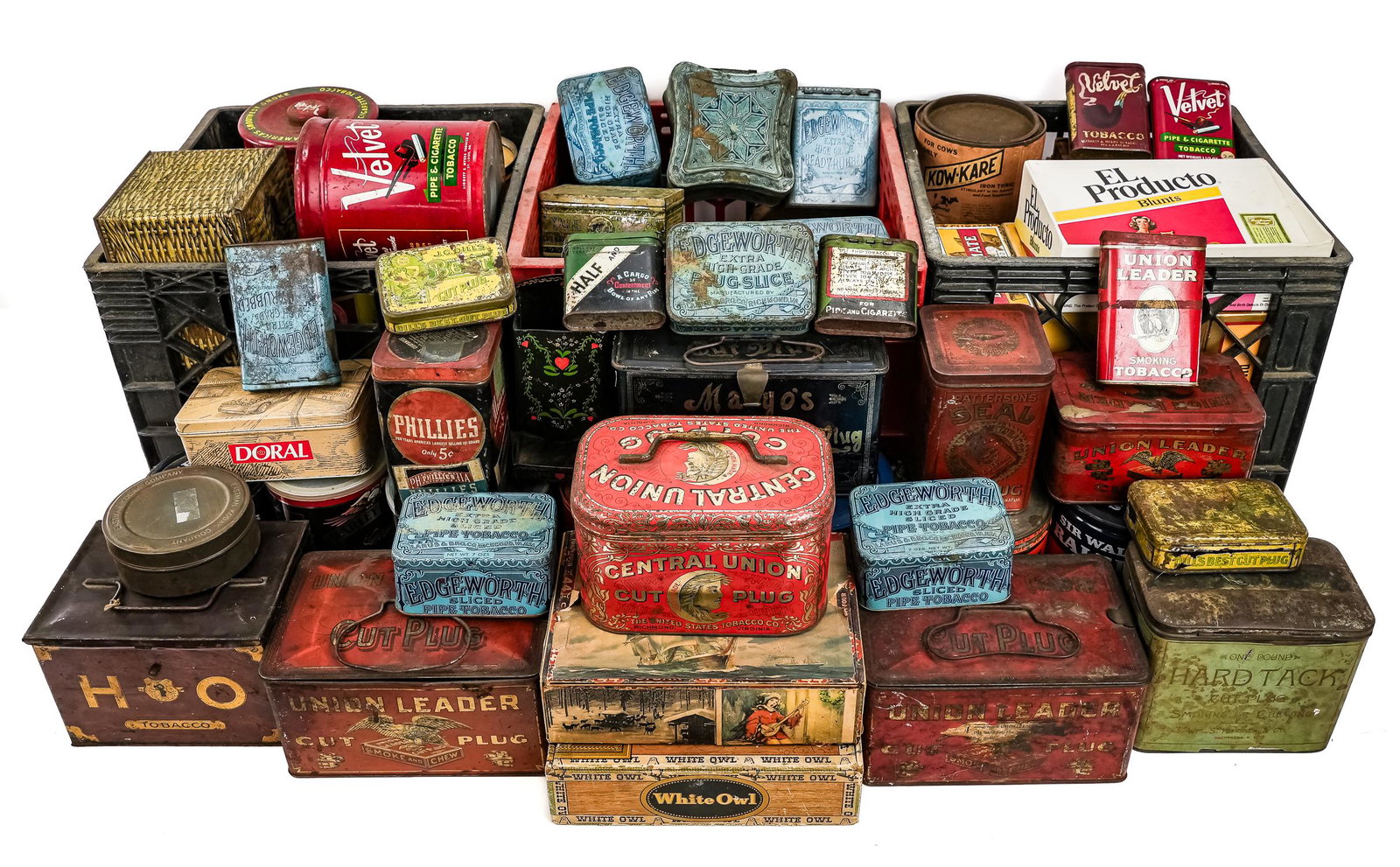 Group of Advertising and Tobacco Tins: Large group of early -mid 20th c. advertising tins and containers including Union Leader and Patterson's Seal lunch box type tobacco tins, Mayo's Cut Plug, Phillies, Top, Velvet and Edgeworth tobacco 