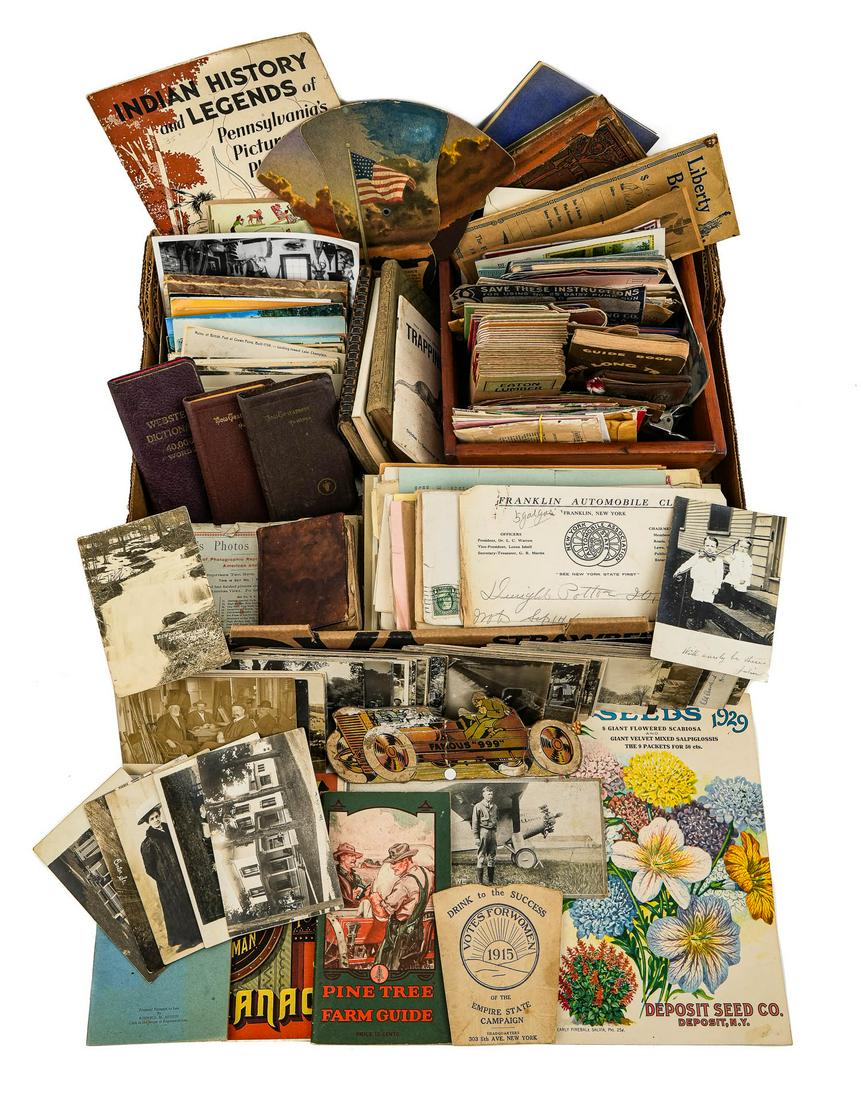 Lot of Postcards and Assorted Ephemera: Lot of assorted ephemera including group of postcards with many Franklin, NY RPPCs, 1915 "Drink to the Success Votes For Women" paper cup, Shaker Almanac, Hood's Photos of the World, group of new old 