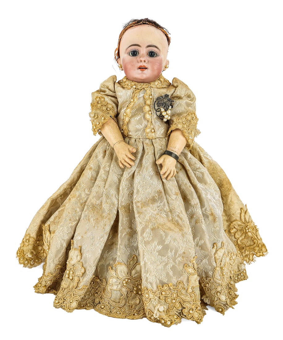 19th c Tete Jumeau Fashion Doll: 19th c Tete Jumeau French Fashion Doll, bisque socket head, pierced ears, open mouth with teeth, repainted composition body, period appropriate dress, replacement shoes, ht 14"
