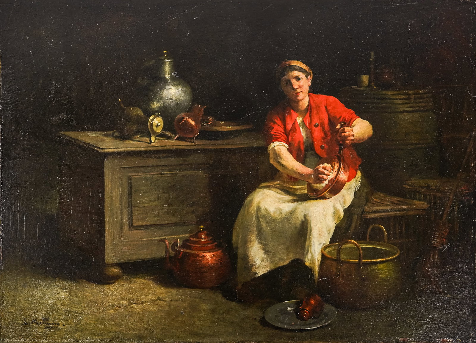 Louis Mettling (FR 1847-1904) Genre scene of a scullery maid: Louis Mettling (French 1847-1904) Genre scene of a scullery maid oil on panel 16.5 x 23.5" signed lower left.