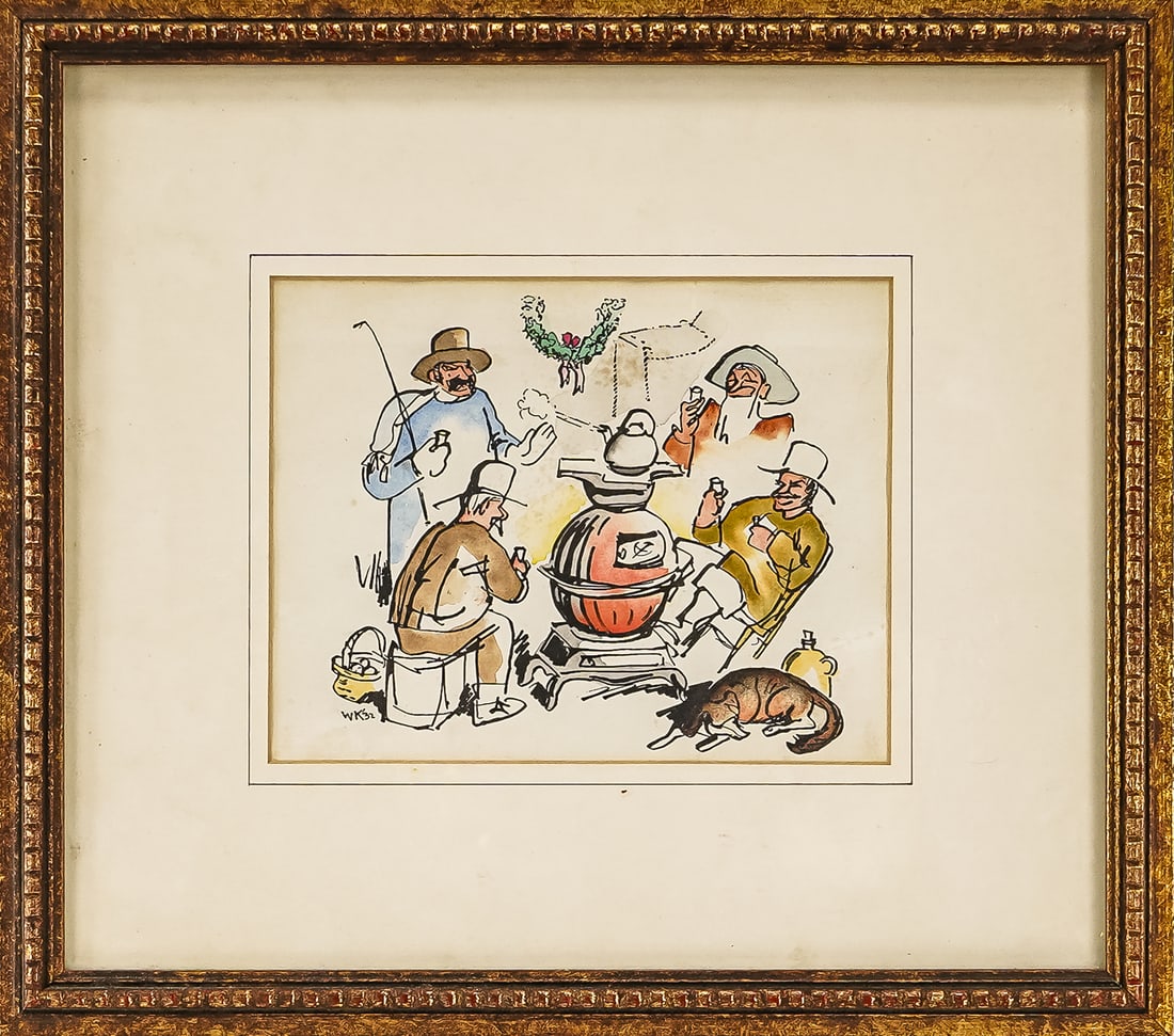 Walt Kuhn (AM 1877-1949) Around the Stove: Walt Kuhn (American 1877-1949) Around the Stove- hand colored print, With Greetings and Signature reverse. 6 x 8" on folded page. Made as low run personal Christmas Card by Kuhn Family 11 x 13" as fra