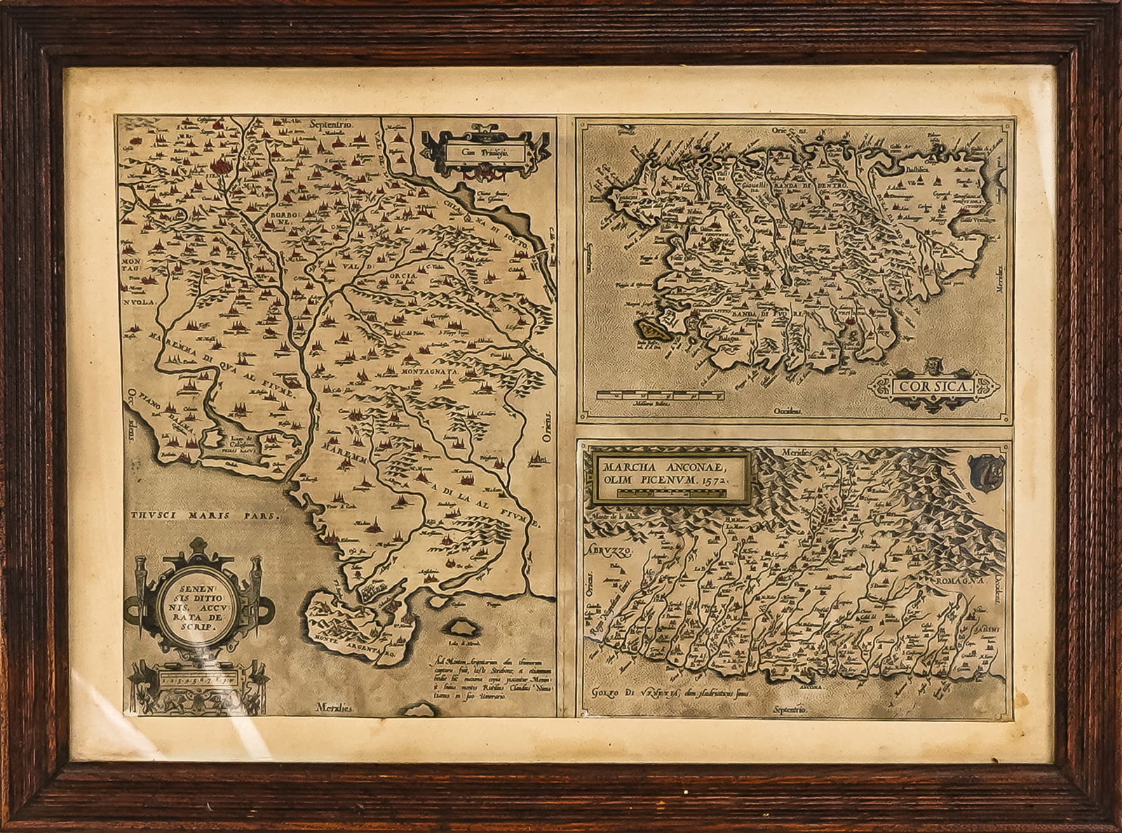 1587 Abraham Ortelius Three part map of Italian Regions: 1587 Abraham Ortelius Three Part map of Italian Regions, including Anacona , Corsica and Sienna hand colored with some toning, center fold as issued- 13 x 19" 18 x 24" as framed.