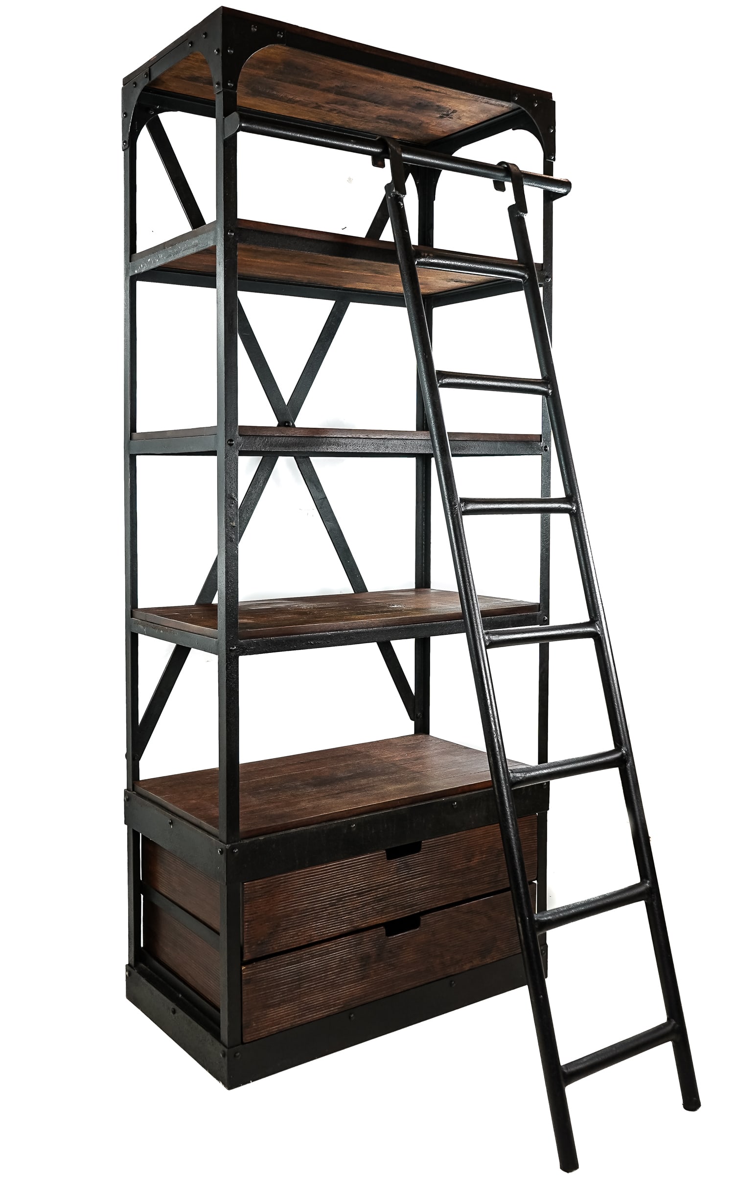 Arhaus Iron Bookcase with ladder: Arhaus Furniture Iron Bookcase with ladder and two drawers - 82 x 34 x 18"