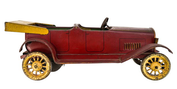 Early 20th c Turner Toys Friction Roadster: Early 20th c Turner Toys John Turner Co, Dayton, Ohio tin litho friction roadster, missing driver, damage to rear seat, length 14"