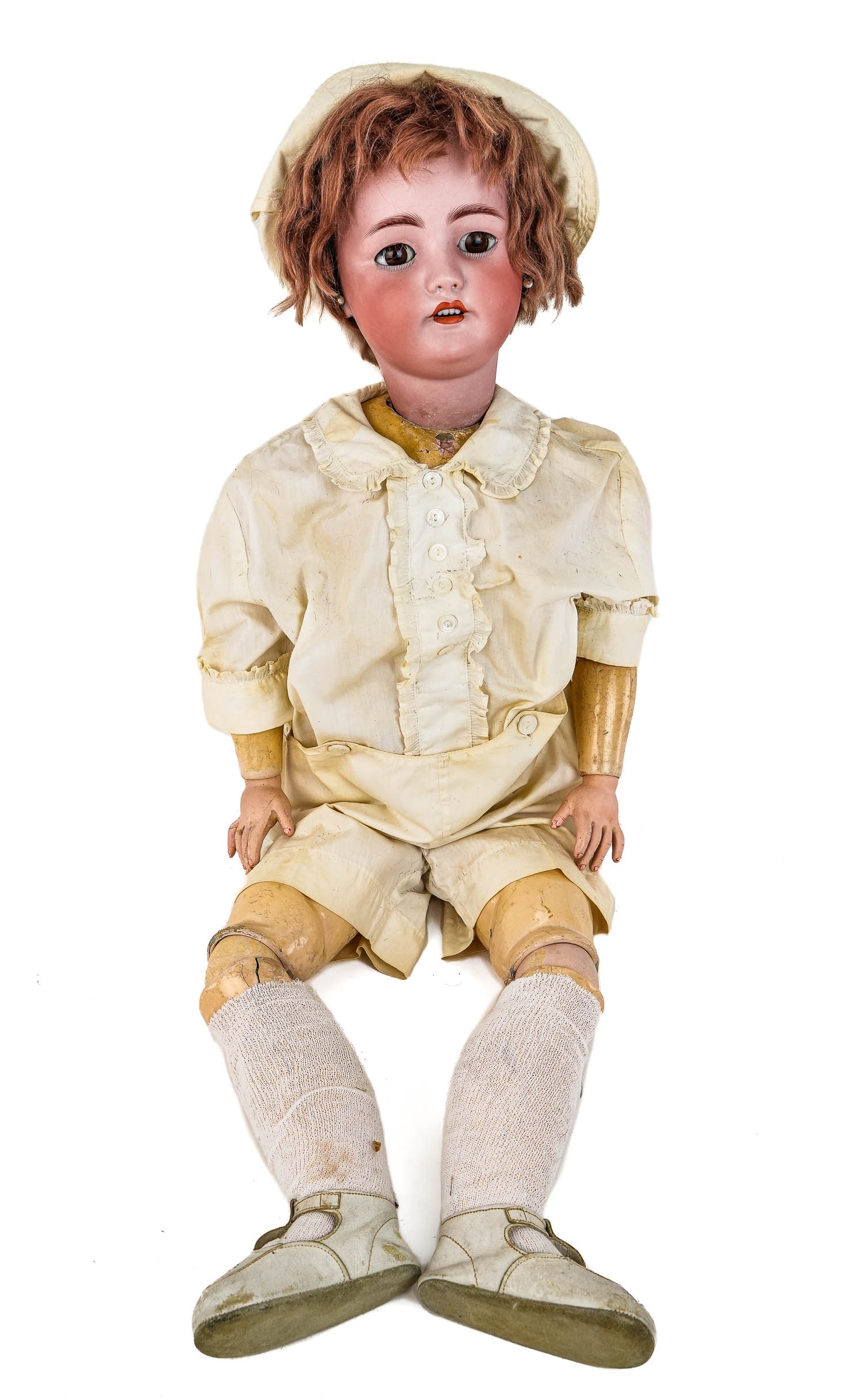 34" Simon and Halbig 1078 Bisque Doll: 34" Simon & Halbig 1078 socket head bisque doll, pierced ears, brown sleep eyes, open mouth with teeth, jointed composition body, replaced earrings