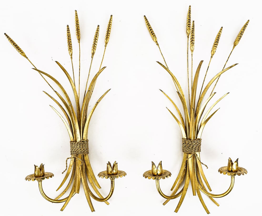 Mid Century Italian Gilt Wheat Sconces: Mid 20th c Italian gilt wheat sconces, ht 24"