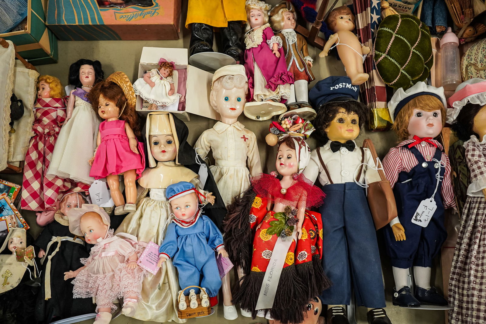 Vintage Dolls, Clothing, Accessories Table Lot (1 of 3)