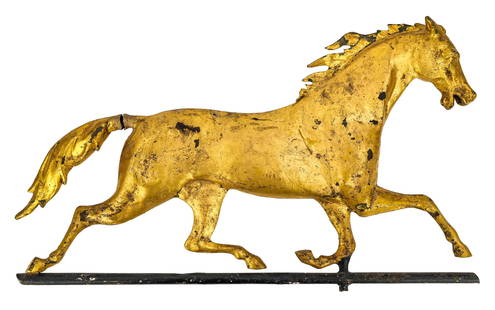 Early Running Horse Weathervane: Late 19th/ early 20th c full body running horse weathervane (as found), zinc and copper, length (with tail) 28"